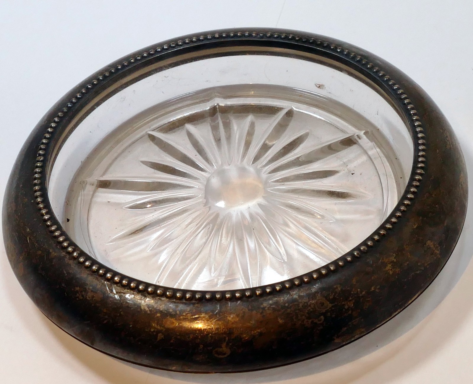 Frank Whiting Sterling 05 Rim Bead Edge Glass Coaster / Candy Dish
