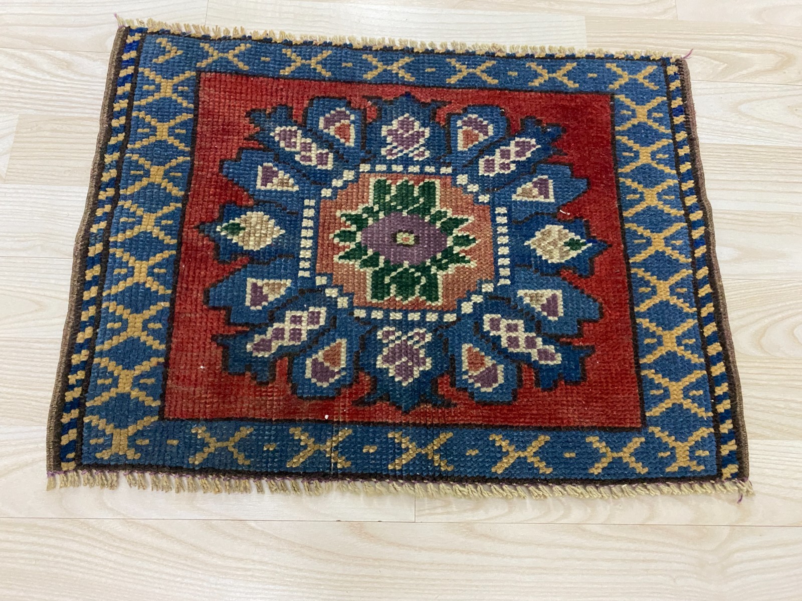 Antique Turkish Rug 1.2×1.7 ft Vintage Small Square Red Blue Floral Tribal Boho