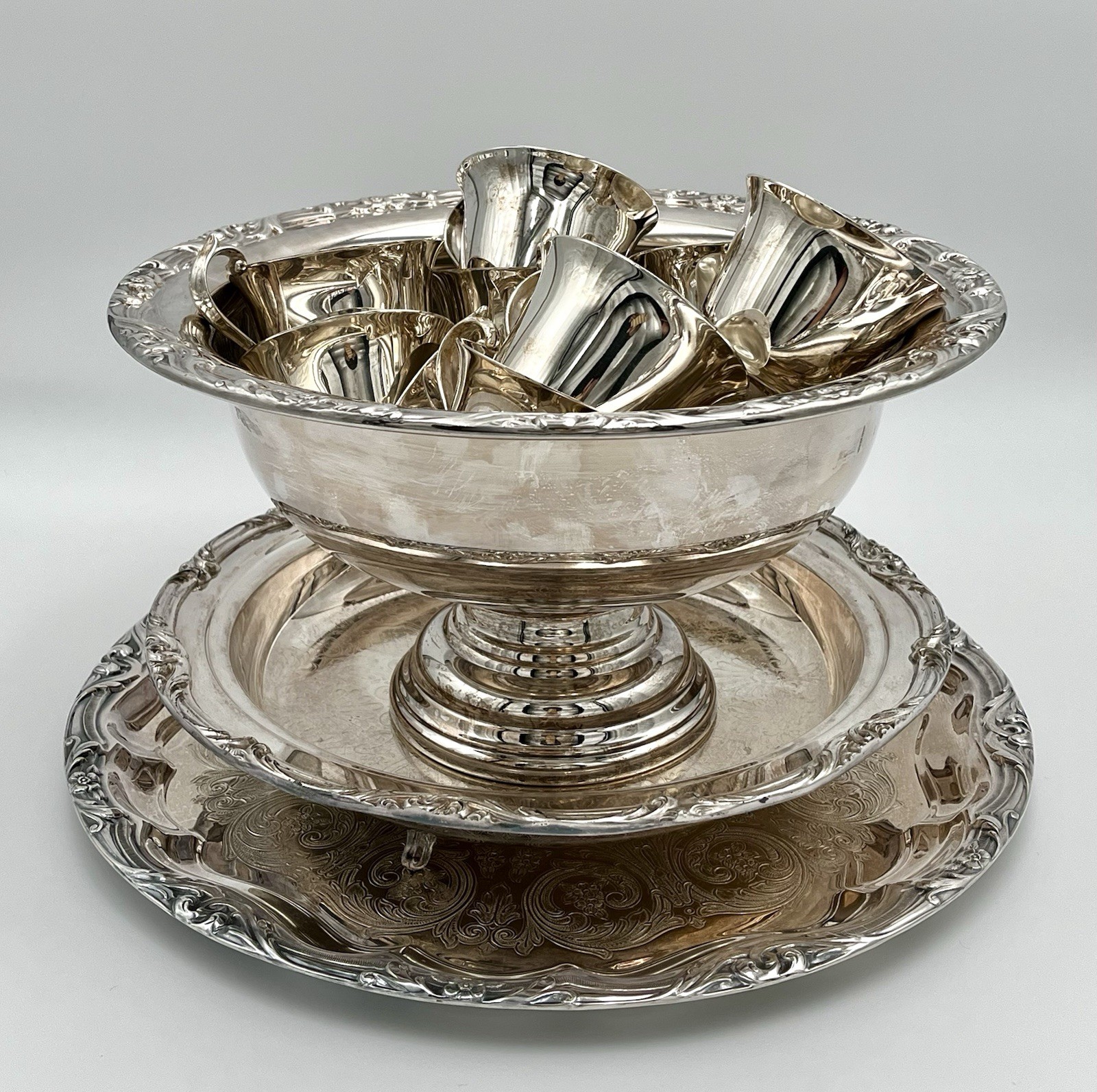 Vintage Pilgrim Silverplate Punch Bowl Set 12 Cups / Hollywood Regency / Bridal