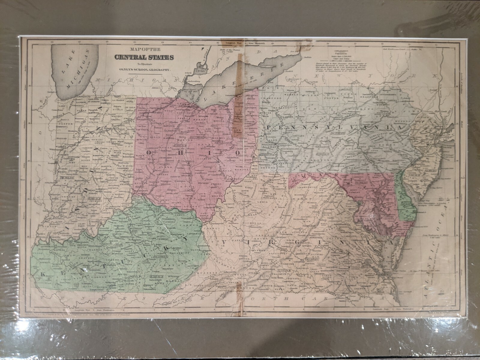 Map “Central States” Olney’s School Geography 1844 D. F. Robinson Hand Colored
