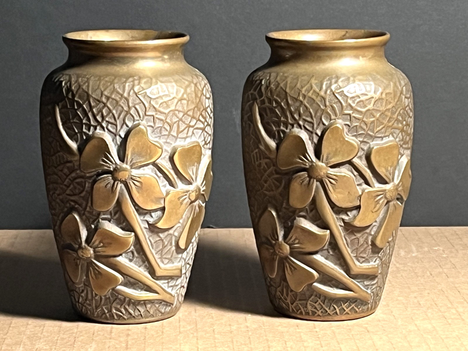 Set of Antique Japanese Bronze Vases Meiji Raised Floral Heavy 5″ 2lb+ Each VG