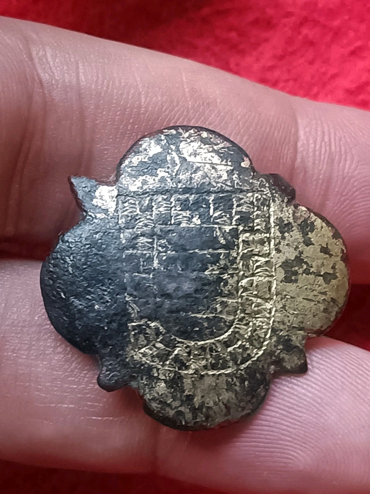 Original Medieval Bronze Rivet w/ Heraldic Shield Engraved Gold Gilding Remains