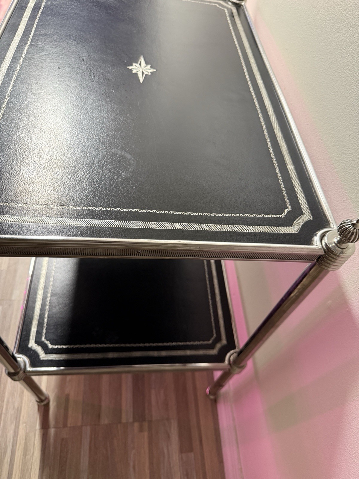 Gorgeous THEODORE ALEXANDER Side Table ( Used ) Black Leather And Silver Accent