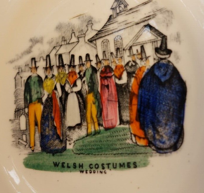 Antique Victorian China Plate Transferware Welsh Wedding Costumes, Hand Colored,