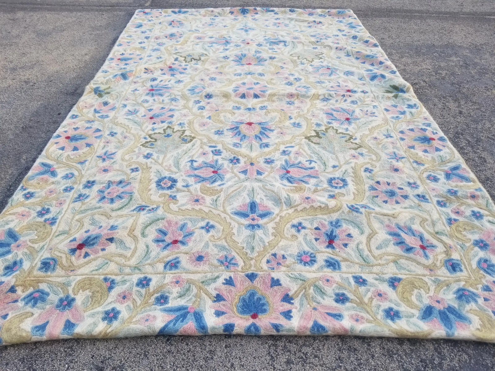 Vintage Traditional Handmade Kashmiri Chain Stitch Wool Blue Kilim 4.8×2.10ft