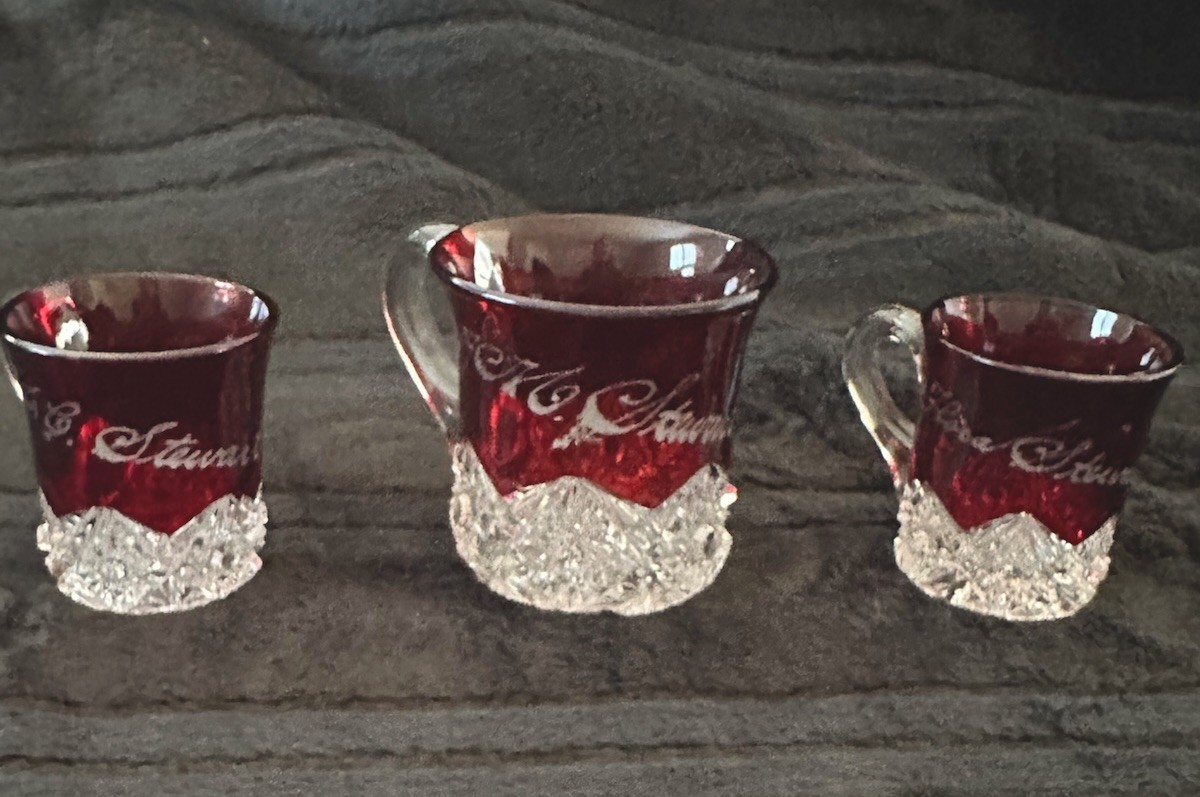 Antique 1912 Ruby Red Flash Glass Souvenir Mugs Set Of 3 Excellent Condition