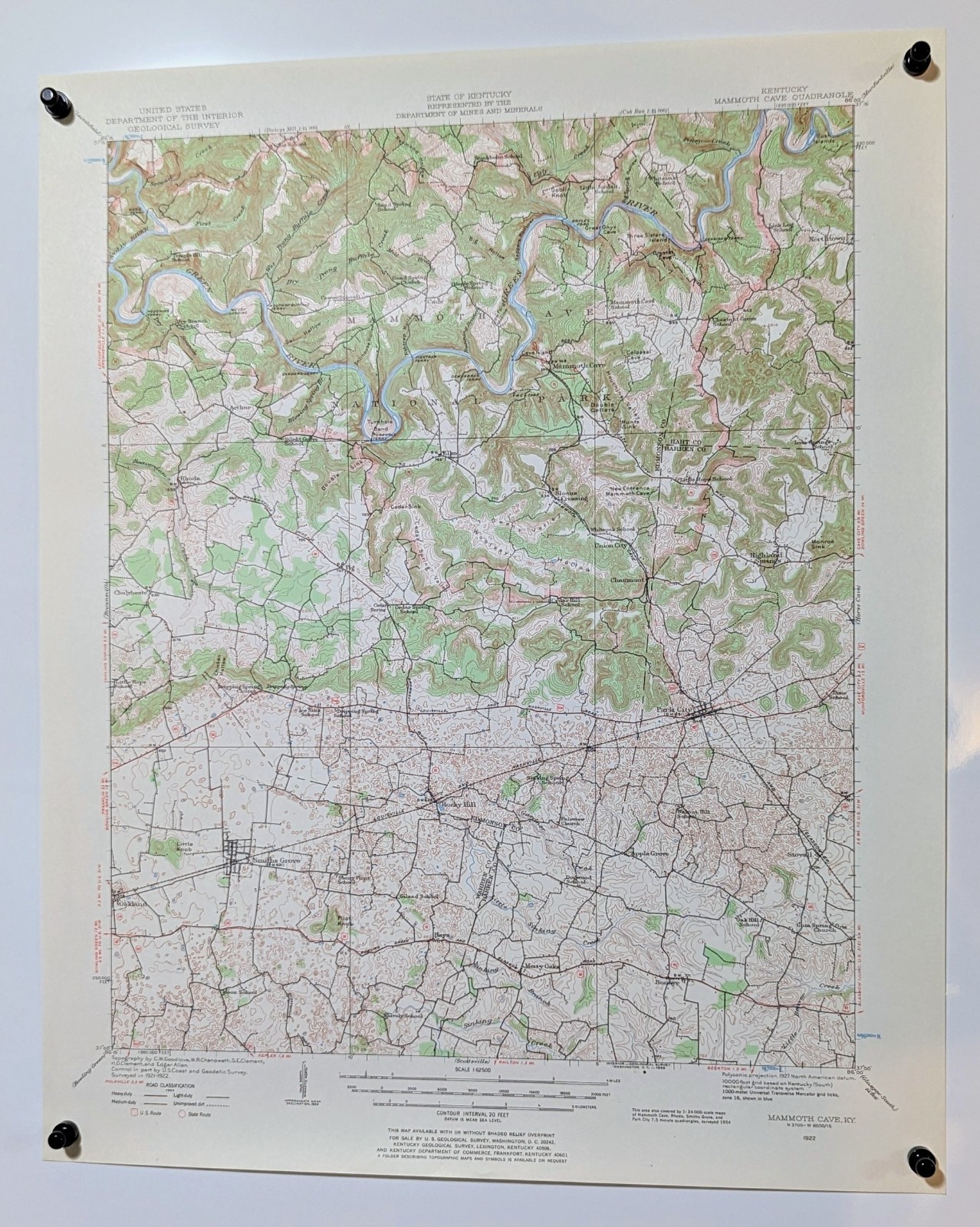 MAMMOTH CAVE KY KENTUCKY ORIGINAL 1922 USGS 17X22 QUADRANGLE MAP EXCELLENT COND.