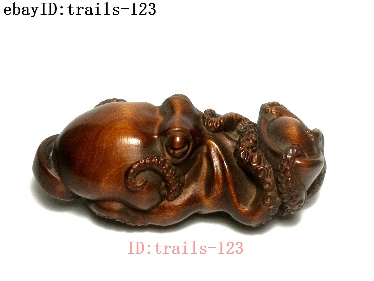 L 8.5 cm Chinese boxwood hand carved treasure octopus fish statue Ornament Gift