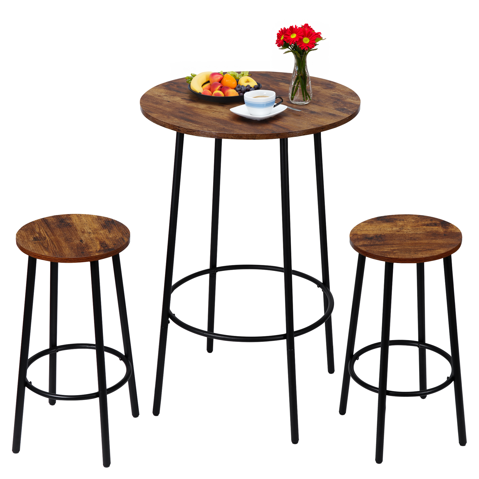 3 Piece Pub Dining Table Set Wooden Round Breakfast Tables w/2 Bar Chairs Stools