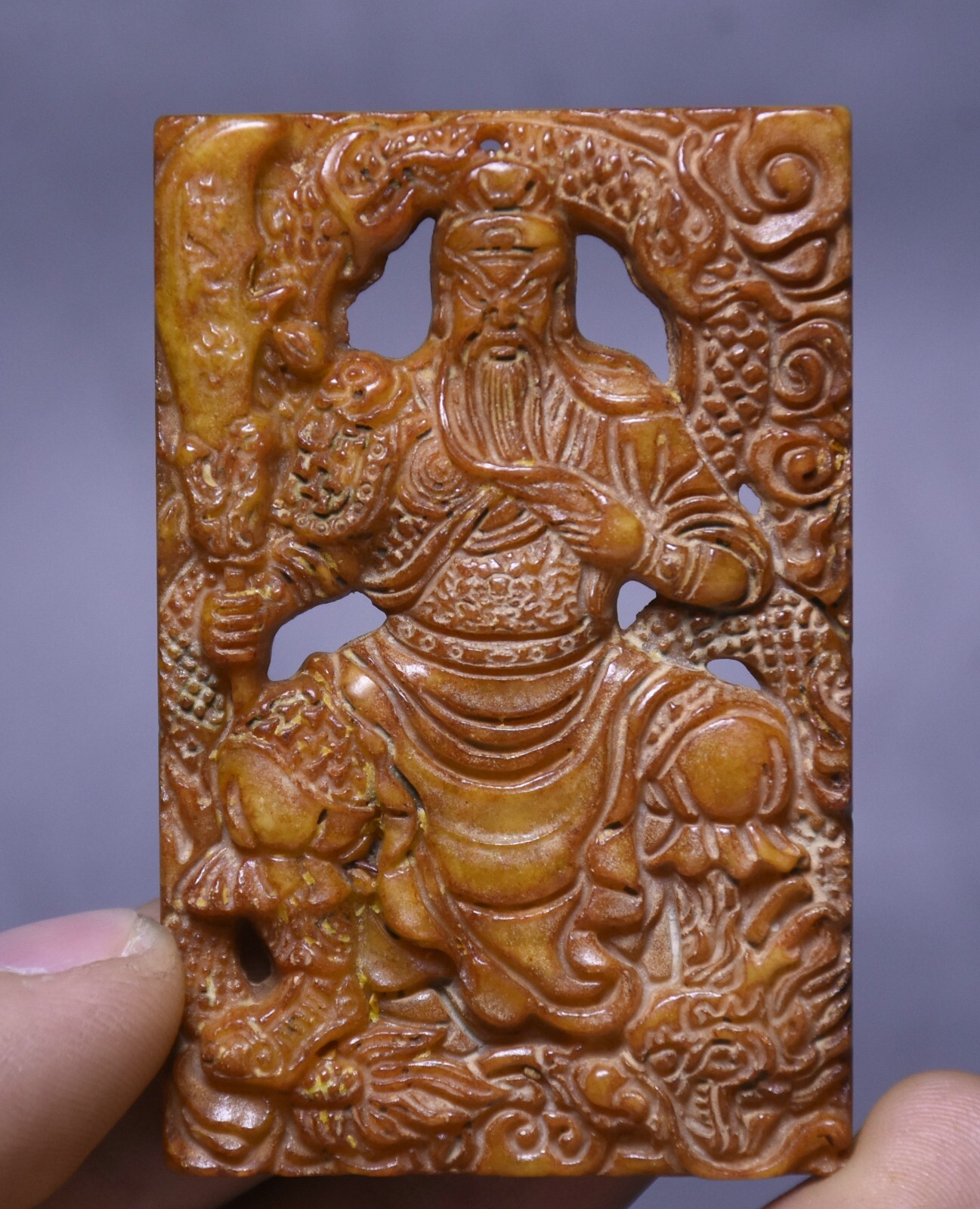 2.7″ Chinese Old Yellow Jade Carved Guan Gong Yu Warrior God Yu Bi Pendant