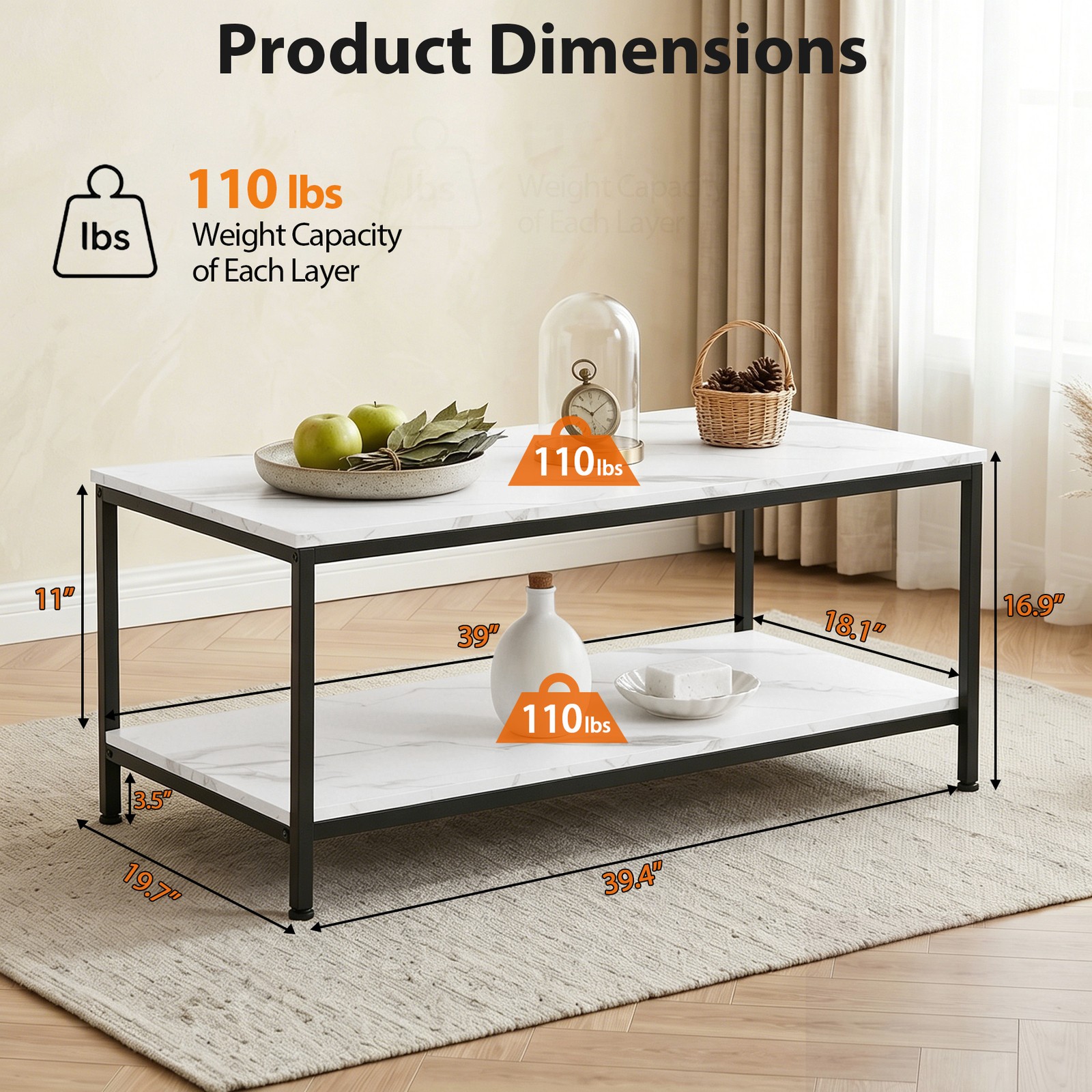 White Coffee Table 2-Tier Rectangle Industrial Wood Coffee Table w/Storage Shelf