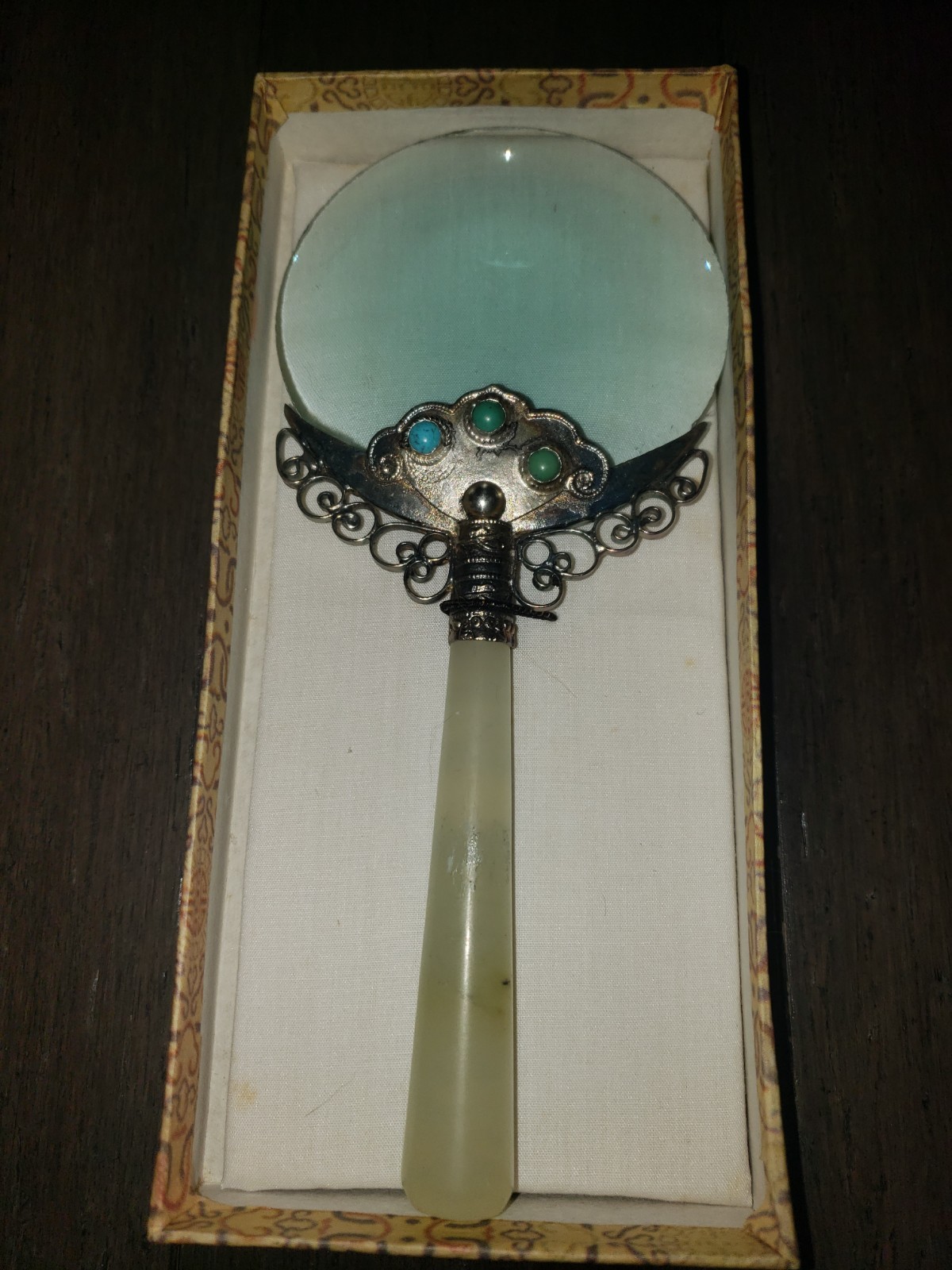 Vintage Jade Stone Handled & Silver Filigree Magnifying Glass