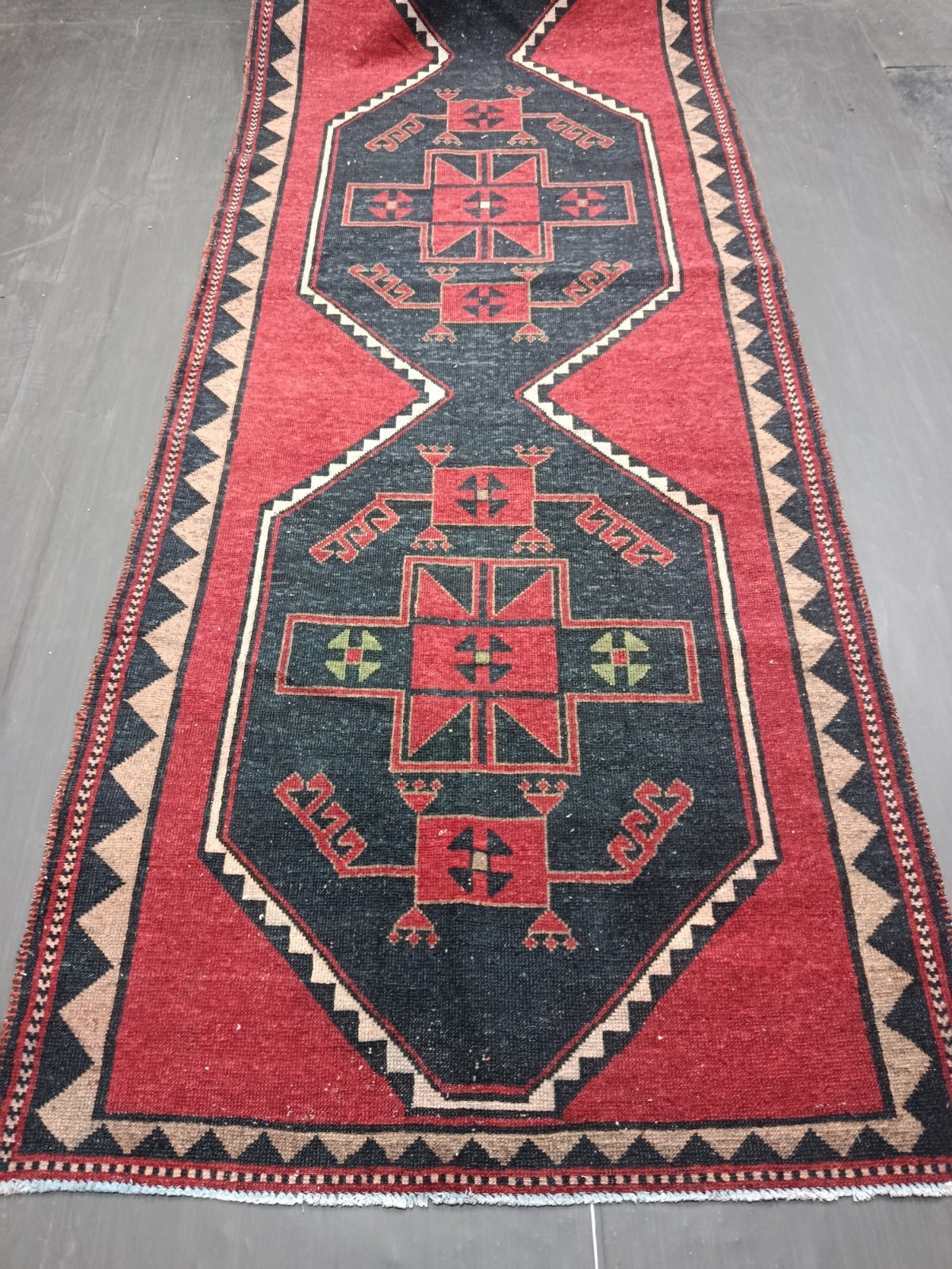 Red Antique Oriental Handmade Runner, 4.1x13ft, Geometric Entryway Runner Rug,