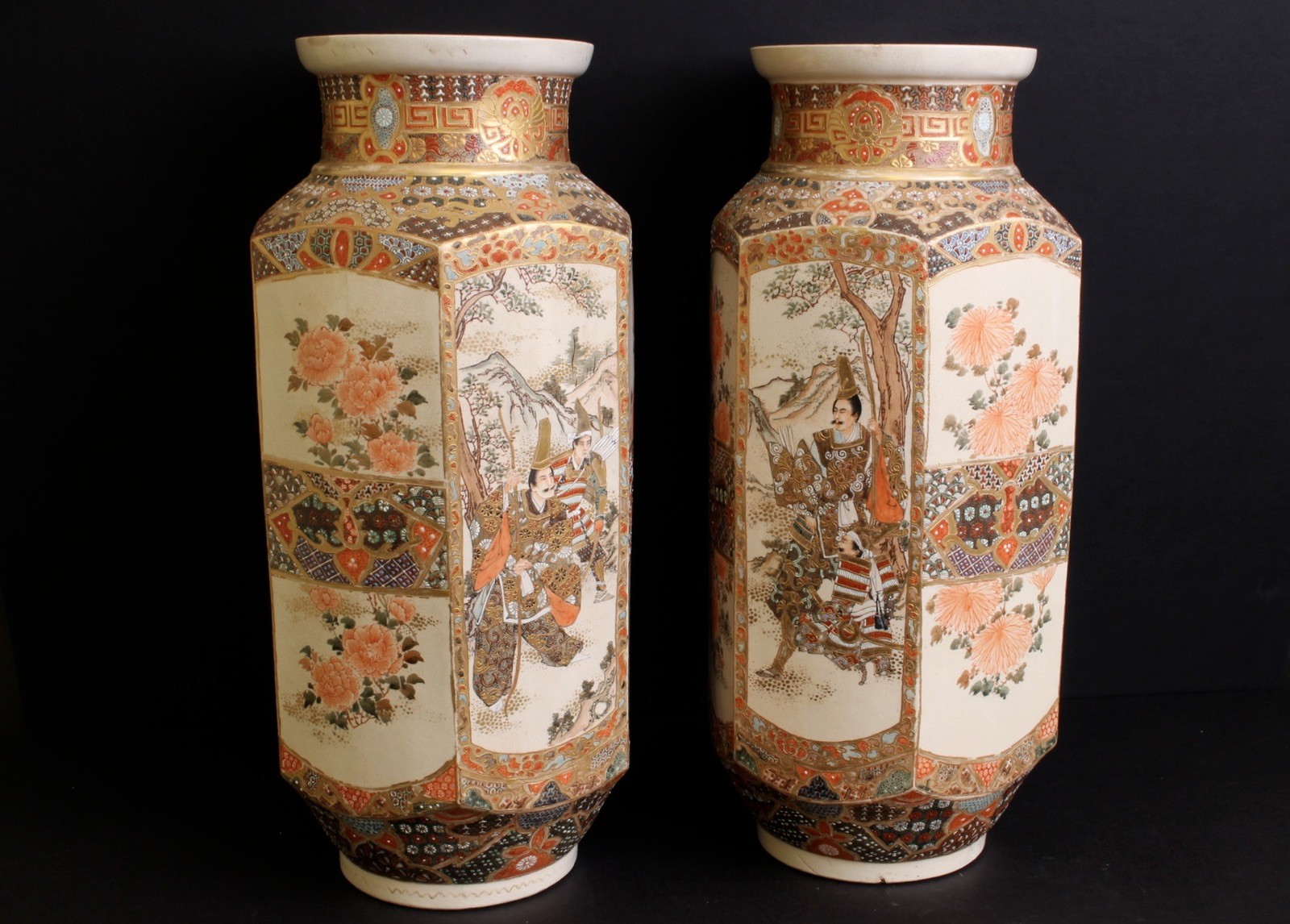Fine pair of 46.5cm / 18.6 inch large Satsuma vases hexagonal Meiji 19th century