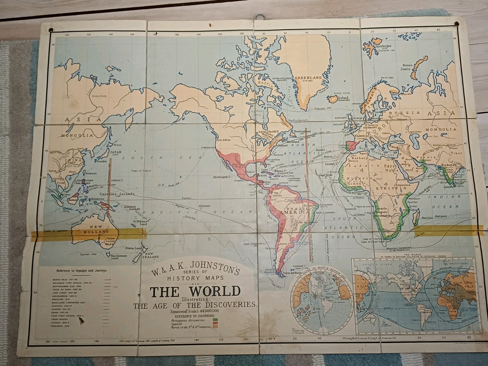 Wall Map History The World Illustrating The Age of the Discoveries, Johnston