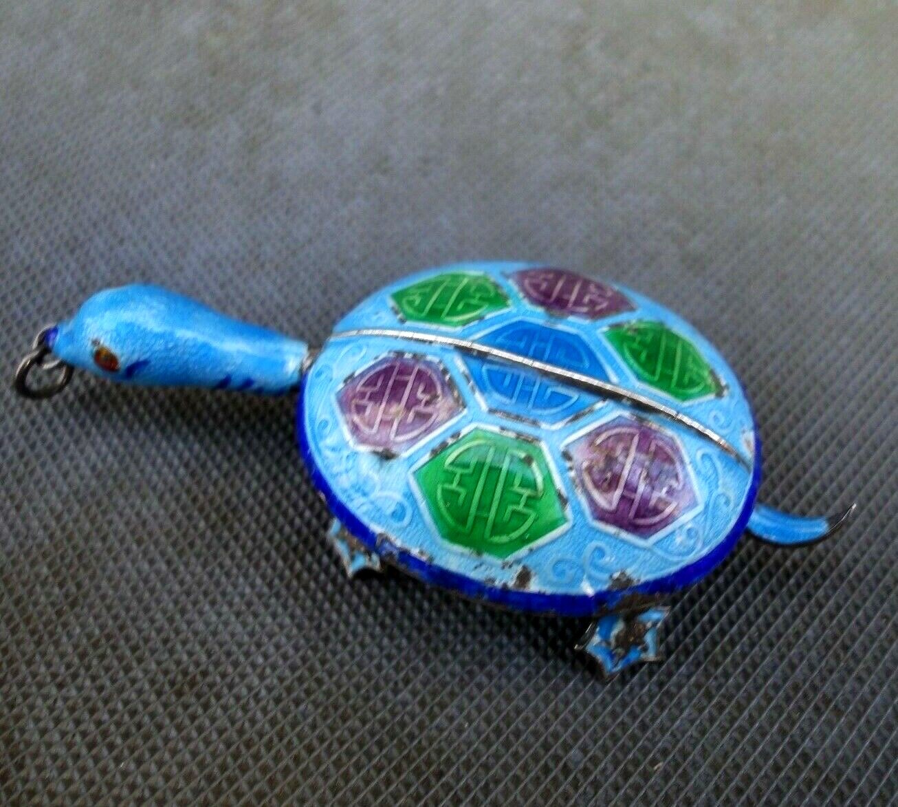 Art Deco Chinese Sterling Silver Enamel Articulated Turtle Pendant 2.5 inches