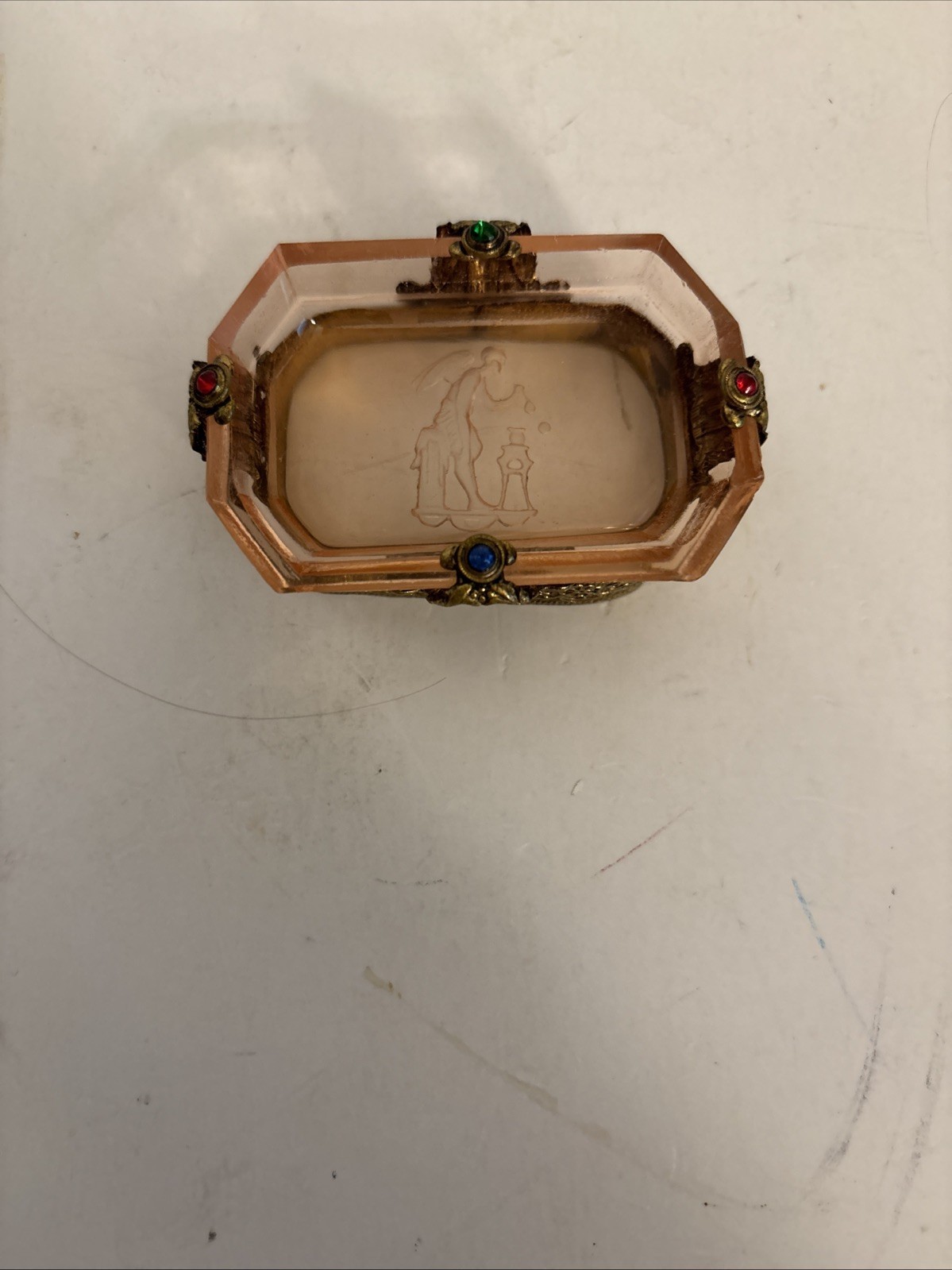 Vtg Chech Bohemian Intaglio Glass Brass & Jewel Open Salt Cellar Pink