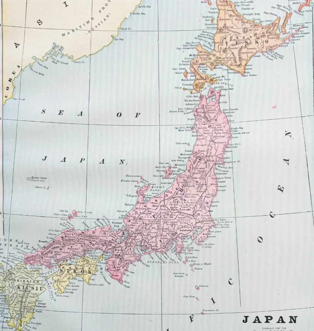 1895 Japan Map Antique Victorian Geography History Pacific Ocean DWYY10C