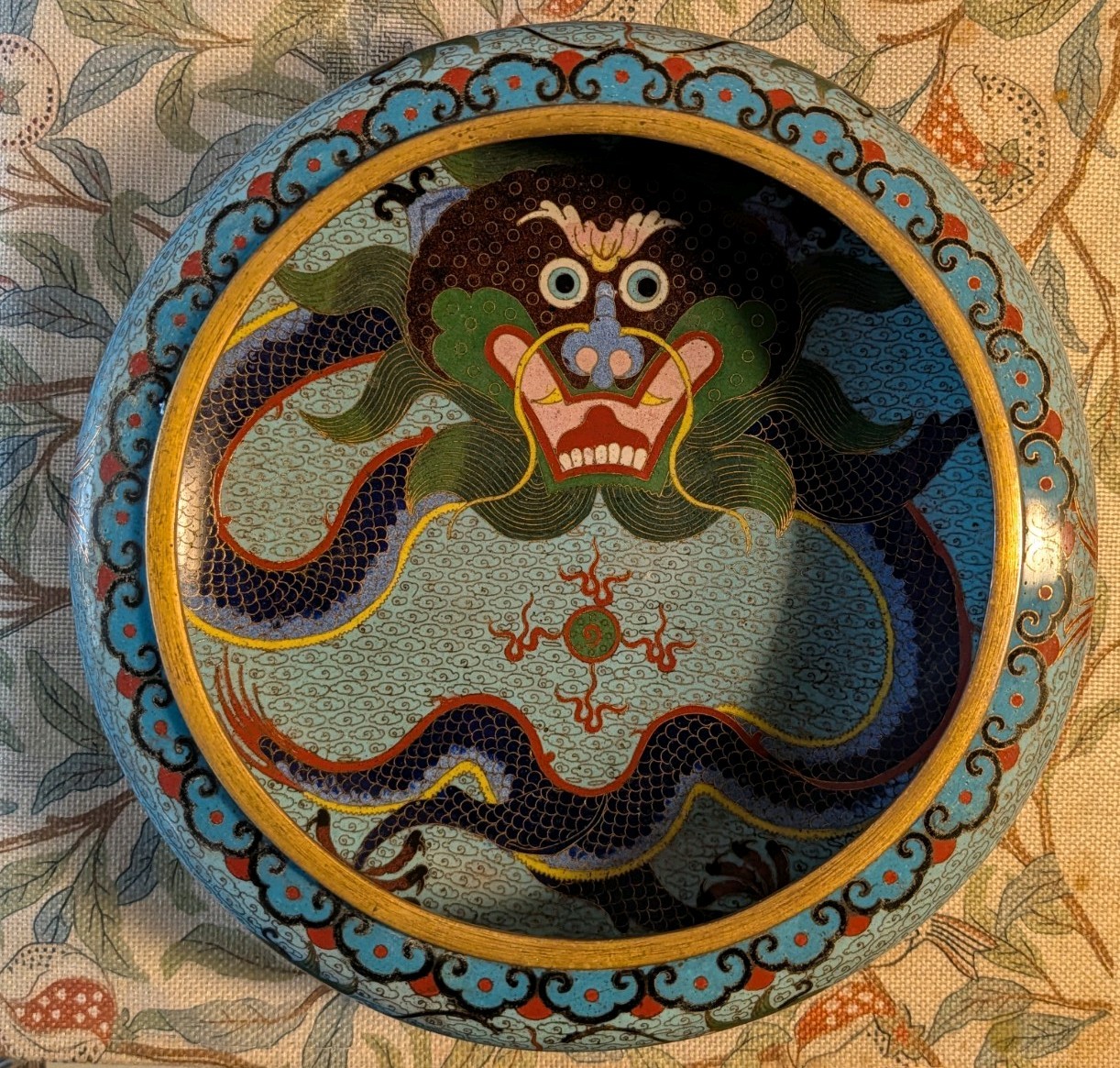 Large 26cm Chinese Cloisonné Wash Bowl Dragon Motif Qing Dynasty
