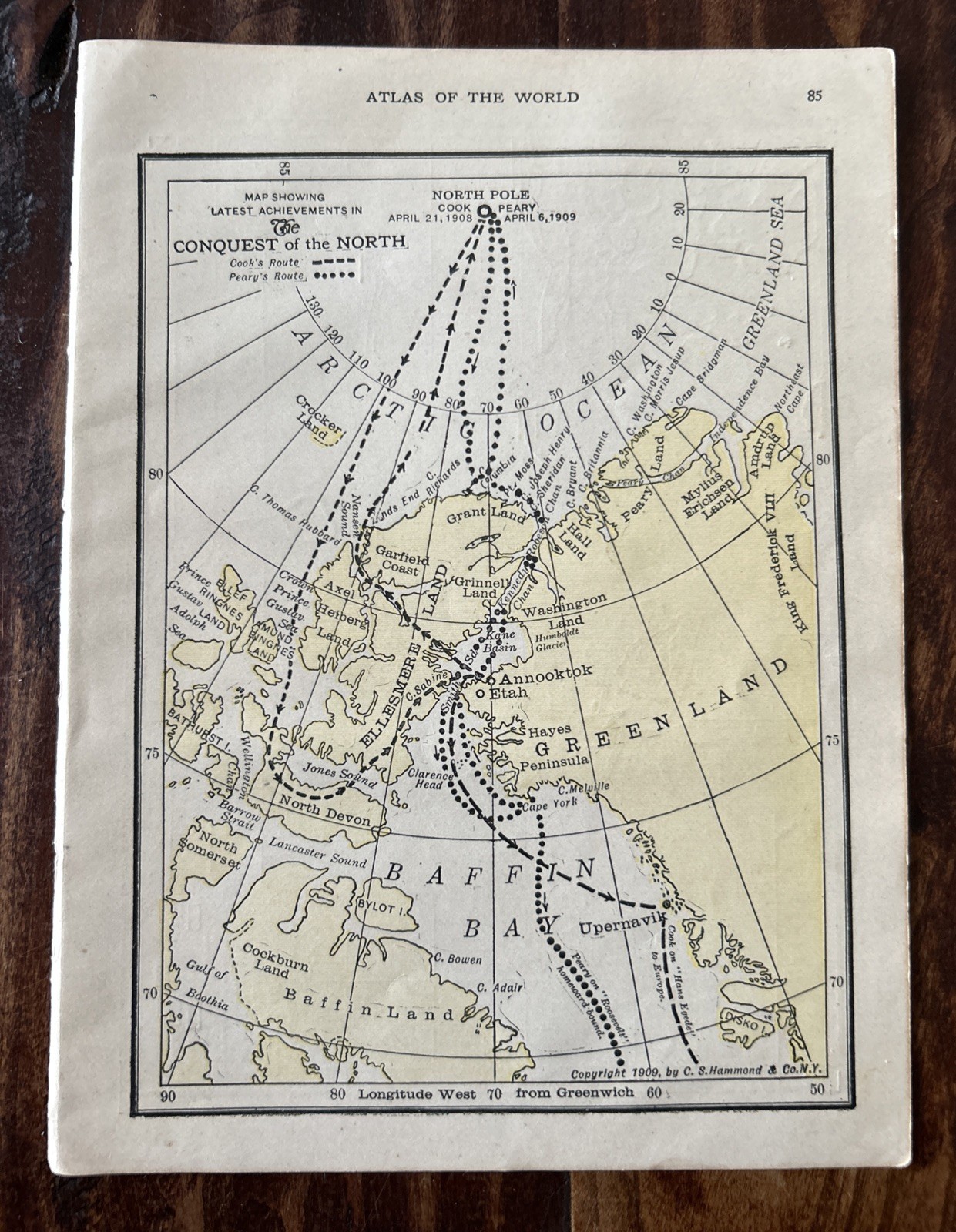 Rare 1909 Original Map: Arctic Routes of Cook & Peary to the North Pole; Hammond