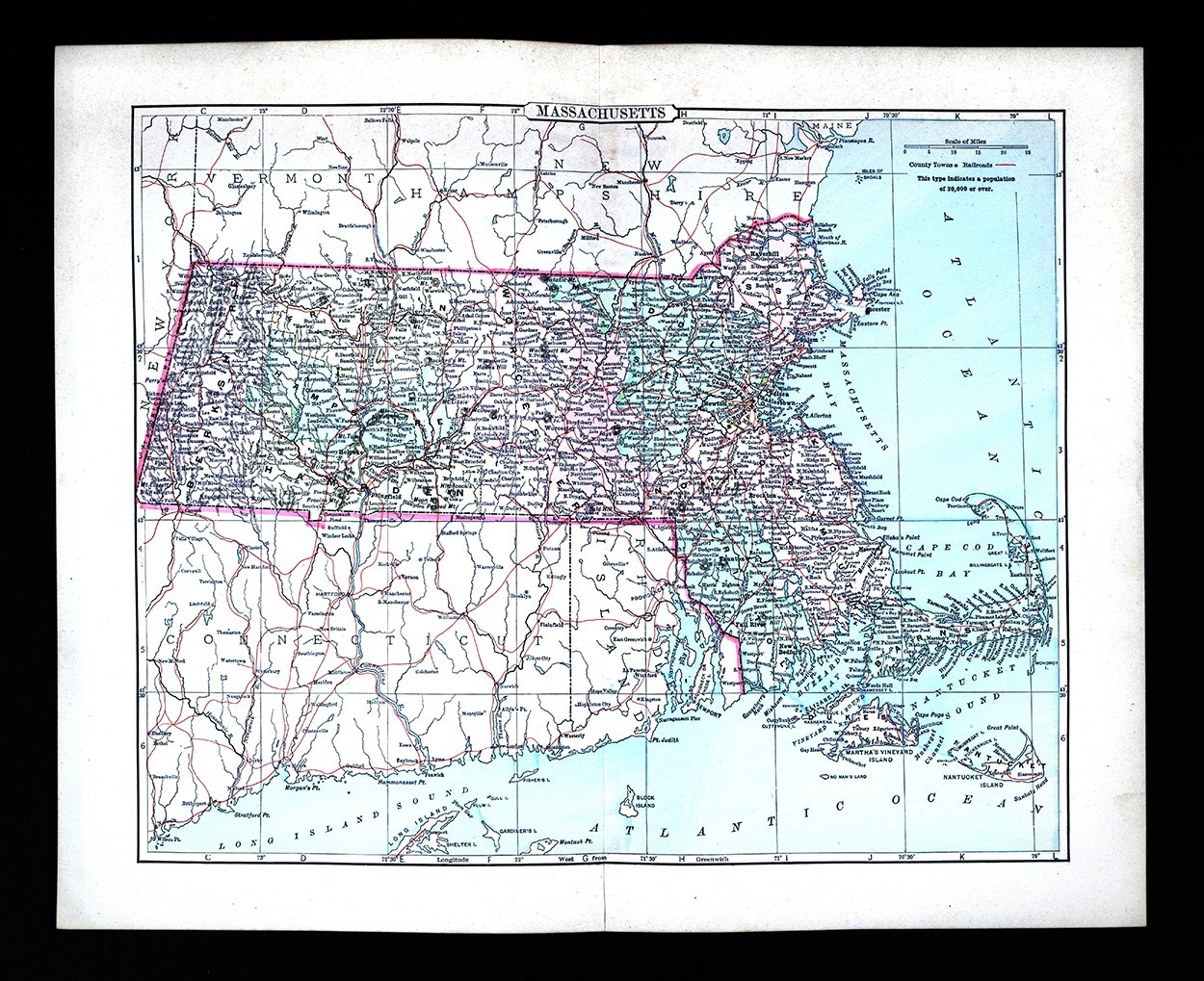 1896 Johnson Map Massachusetts Boston Cape Cod Plymouth Salem Nantucket Concord