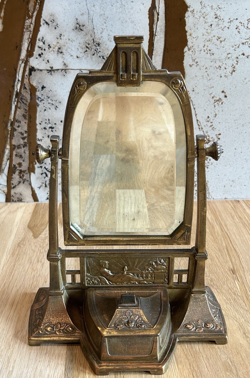 Antique Art Nouveau Solid Brass Vanity Mirror Jewelry Box Model 504 BeveledGlass