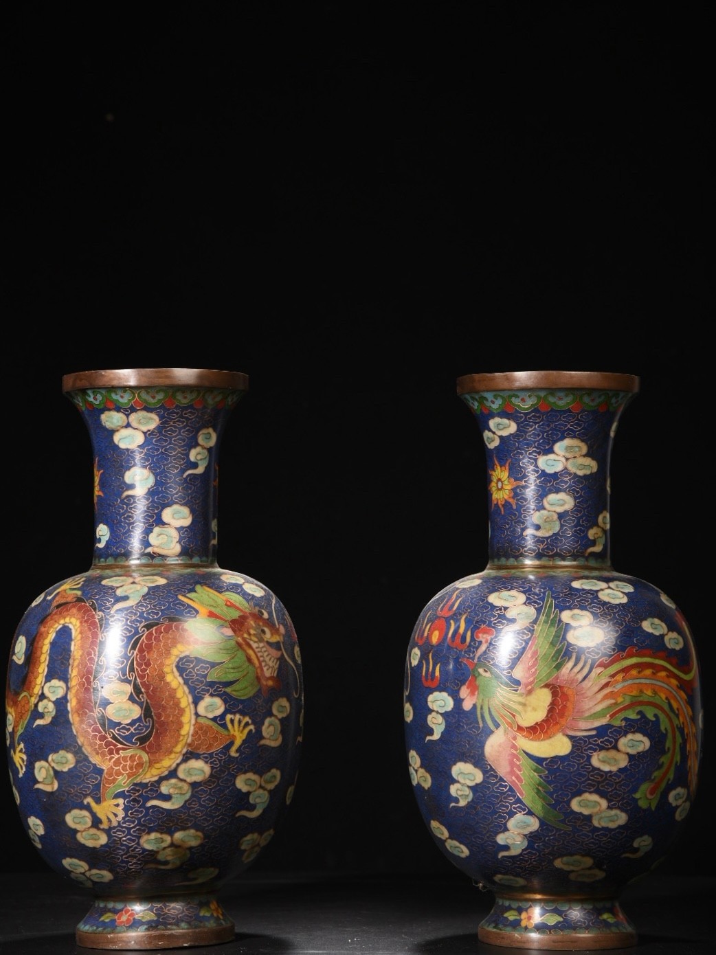 A Pair Bronze Cloisonne Dragon Phoenix Vase C