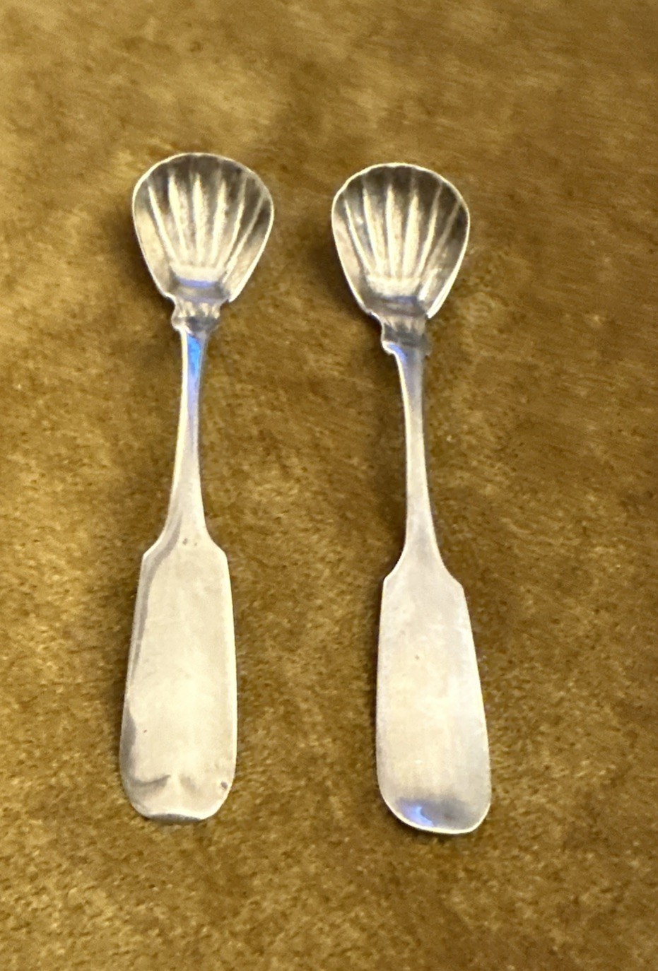 Lot Of Two ANTIQUE W.M.S TAYLOR COIN SILVER MASTER SALT SPOONS SHELL – NO MONO—