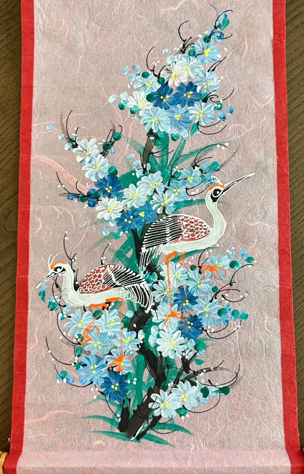 Kakejiku Japanese Vintage Hanging Floral Birds Hand Painted Scroll 16” x 8”
