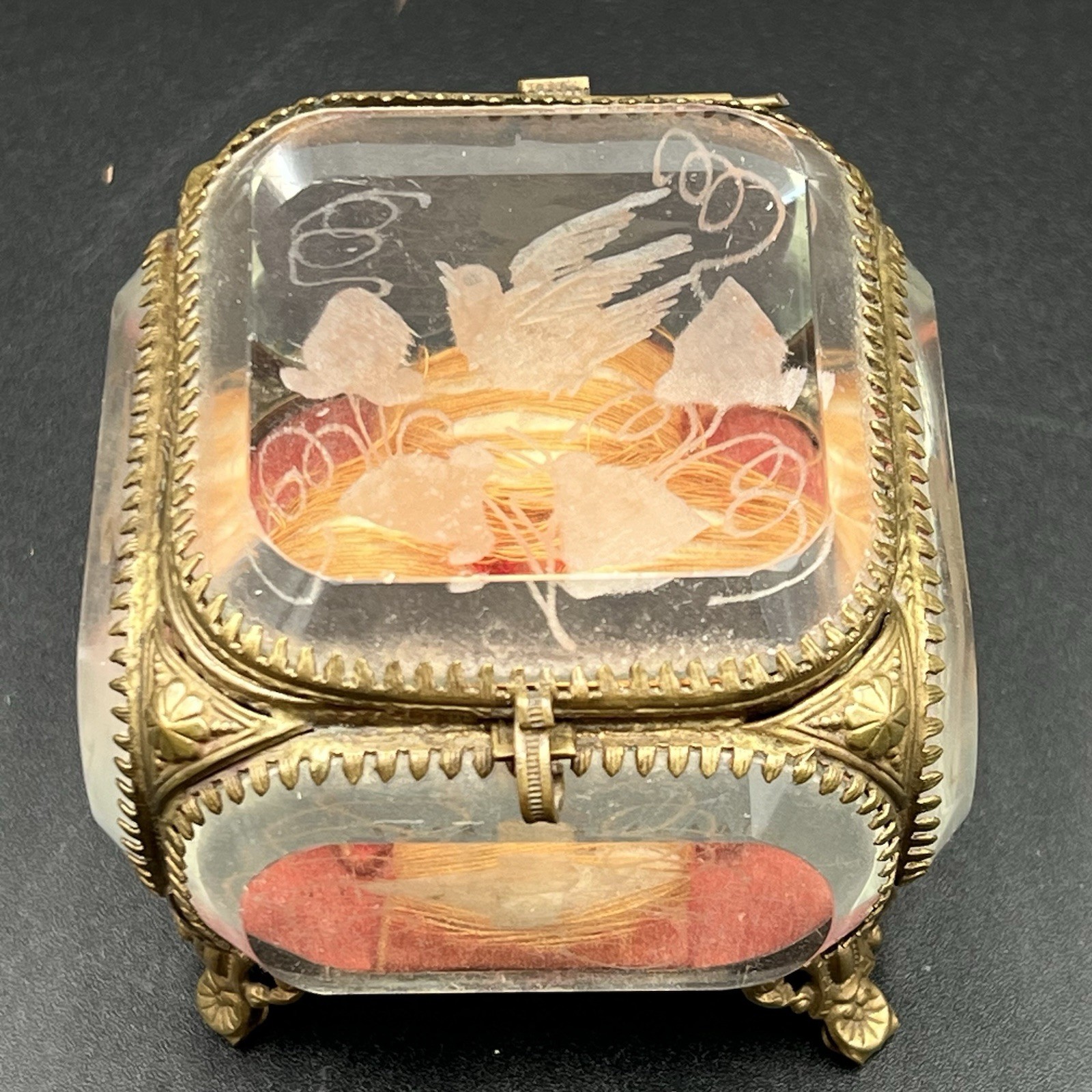 Antique Victorian Beveled Glass Jewelry Casket Etched Filigree Jewelry Box