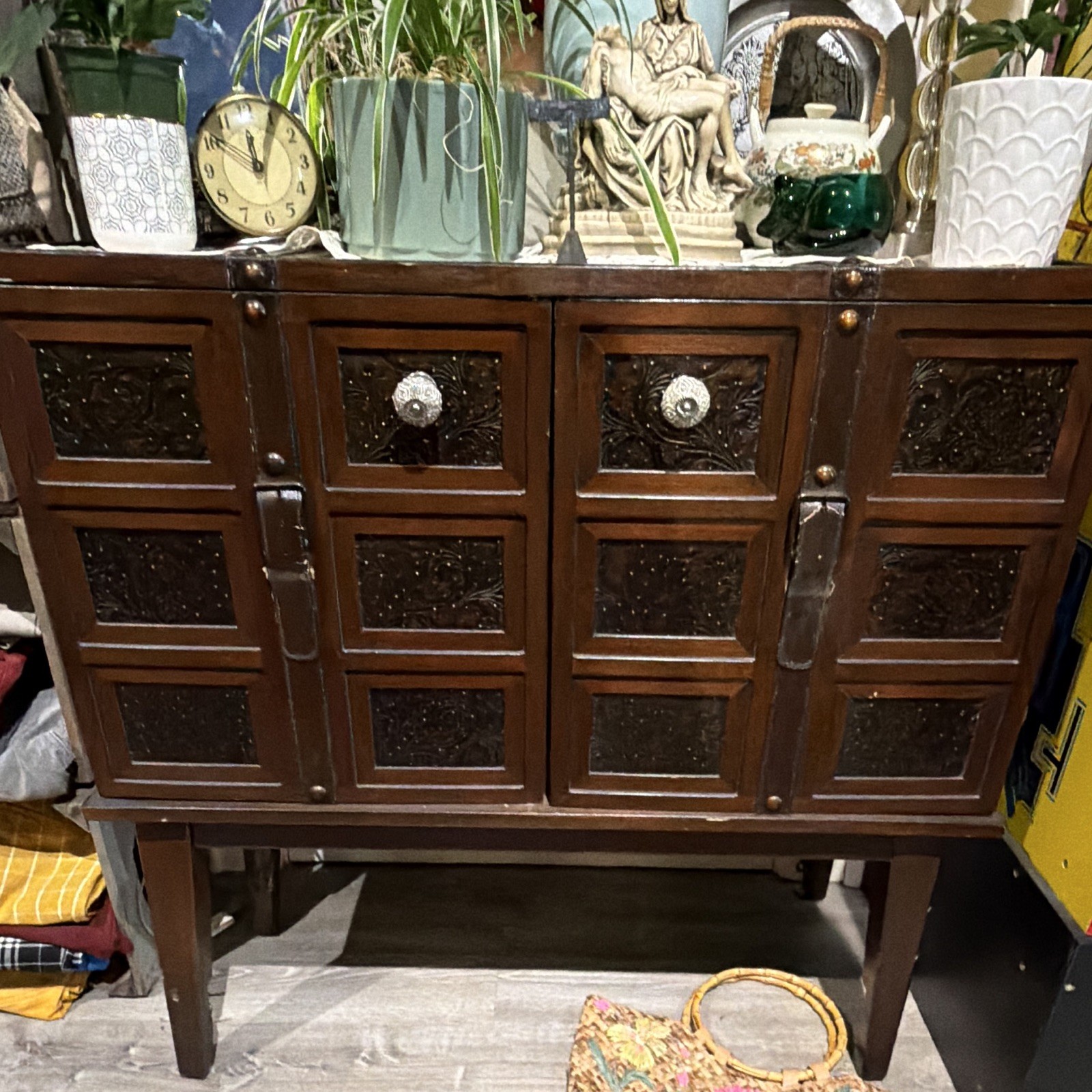 Antique Brown Wood & Metal Freestanding Cabinet, 2 Raised Panel Doors 40x36x38