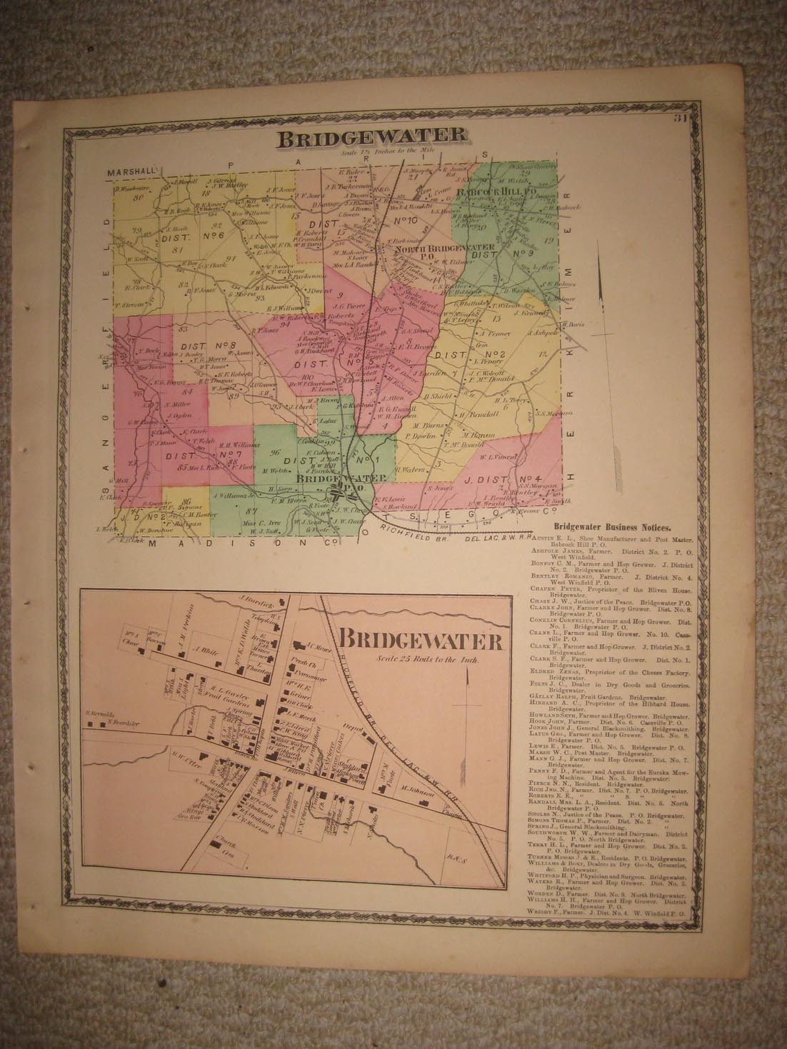 ANTIQUE 1874 BRIDGEWATER ONEIDA COUNTY NEW YORK HANDCOLORED MAP SUPERB RARE NR