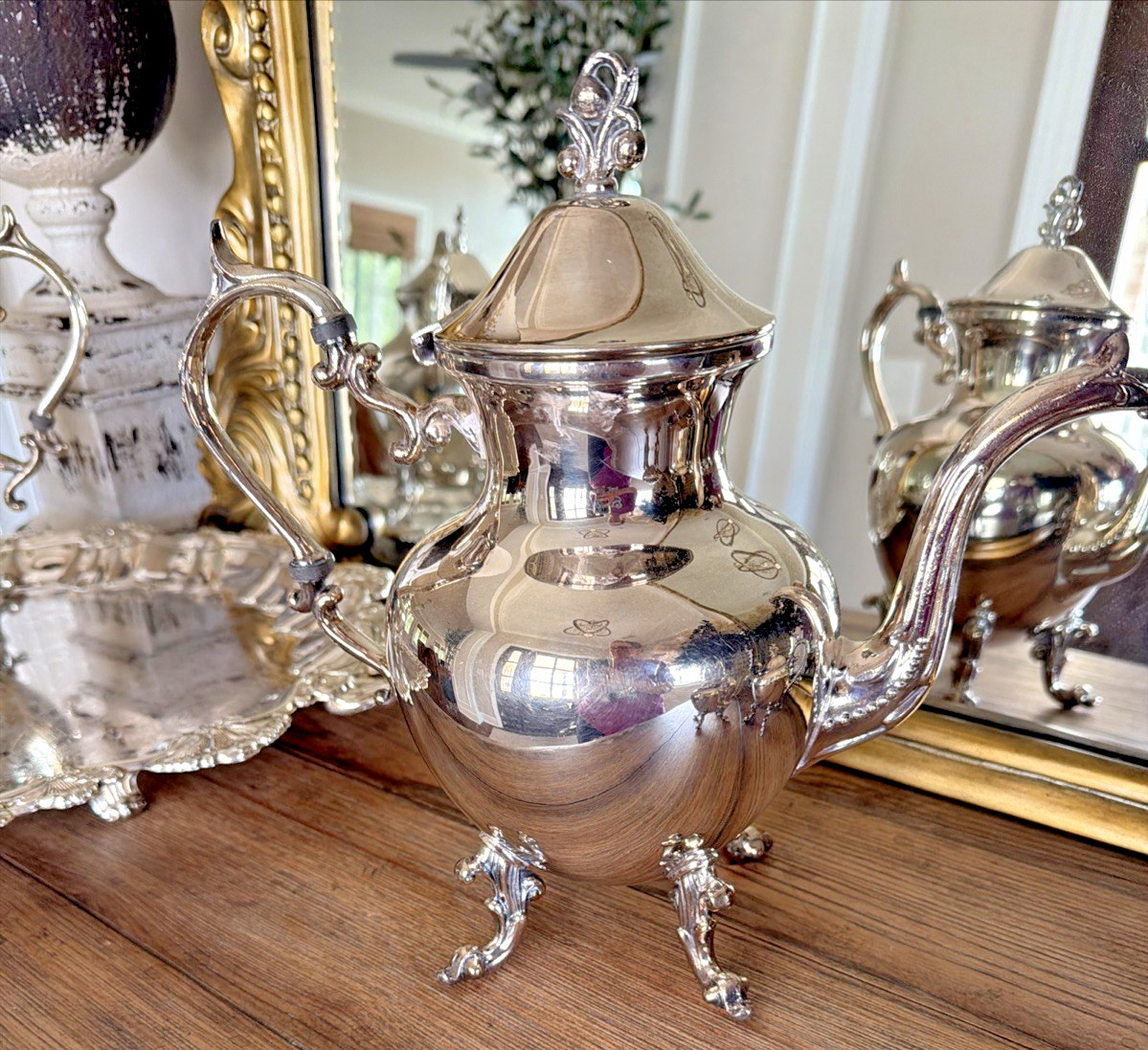 Birmingham Silver Tea Set 4 Pc w/ Large Ornate Tray Silverplate