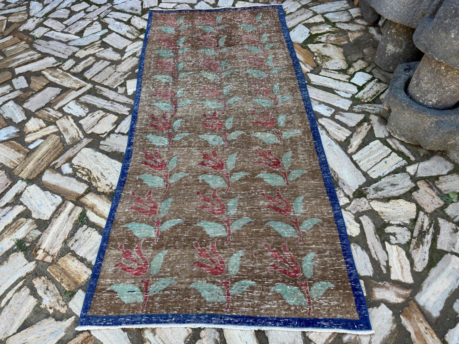 Hand-Knotted Oushak Rug 4×9 Brown Wool Floral Carpet Medium Size Anatolian Rug