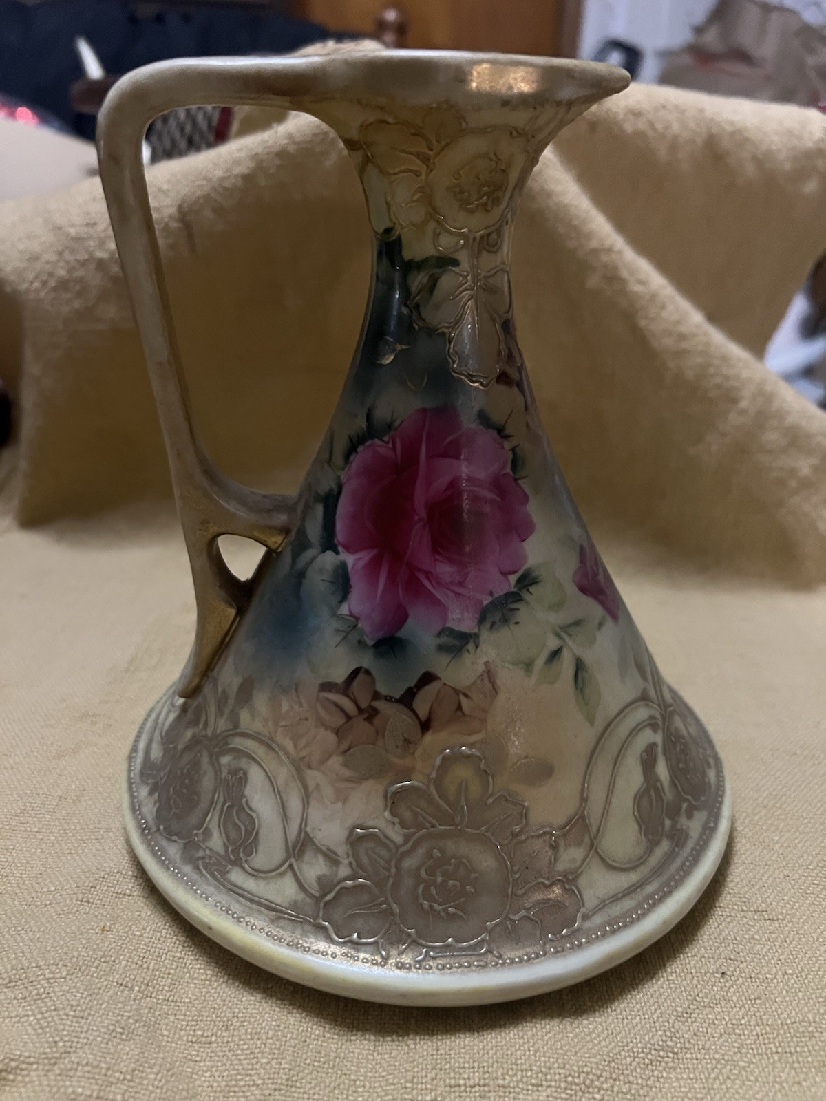 Antique Nippon Ewer Pitcher Vase Heavy Floral Early 1900s