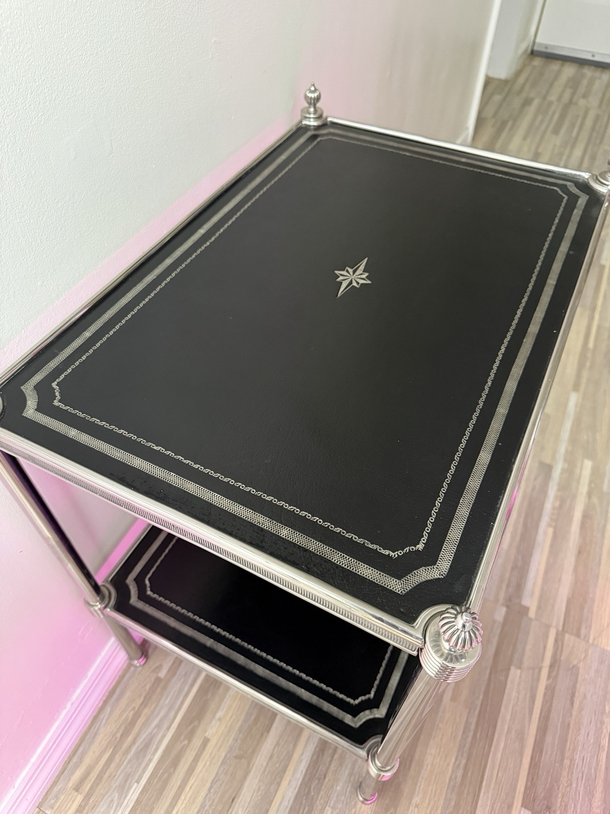 Gorgeous THEODORE ALEXANDER Side Table ( Used ) Black Leather And Silver Accent