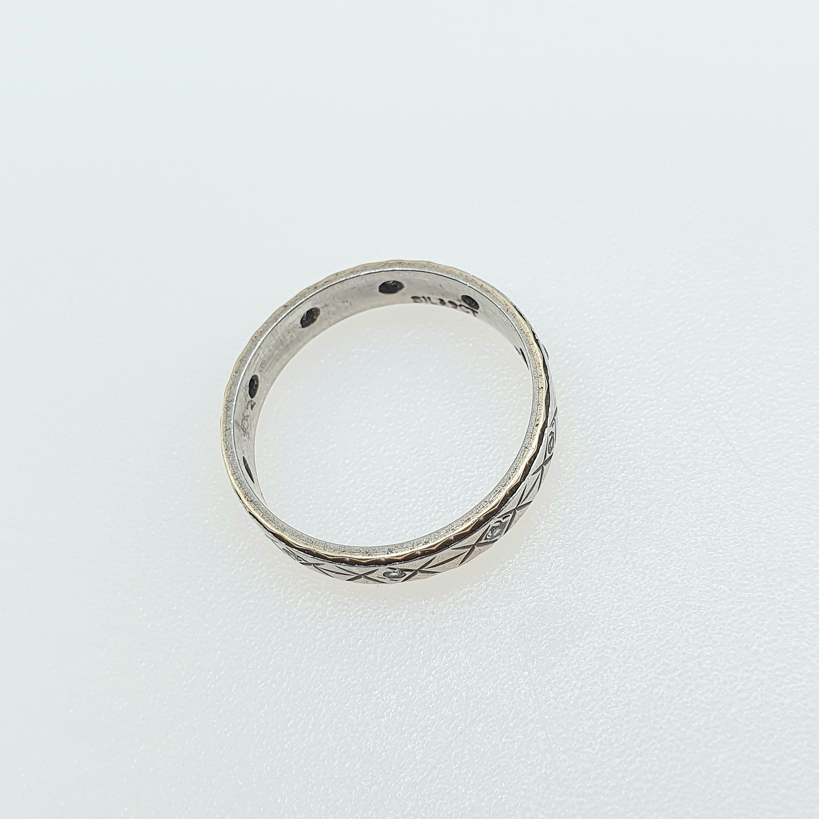 Antique 9ct Gold & Solid Silver White Spinel Eternity Ring X Pattern Vintage