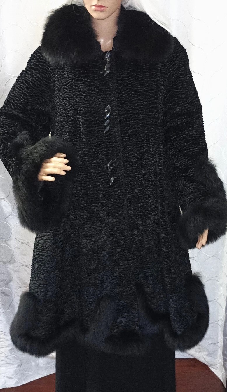 WOMen’s Black Real Persian Lamb Fur Jacket/Coat FOX fur collar All Sizes