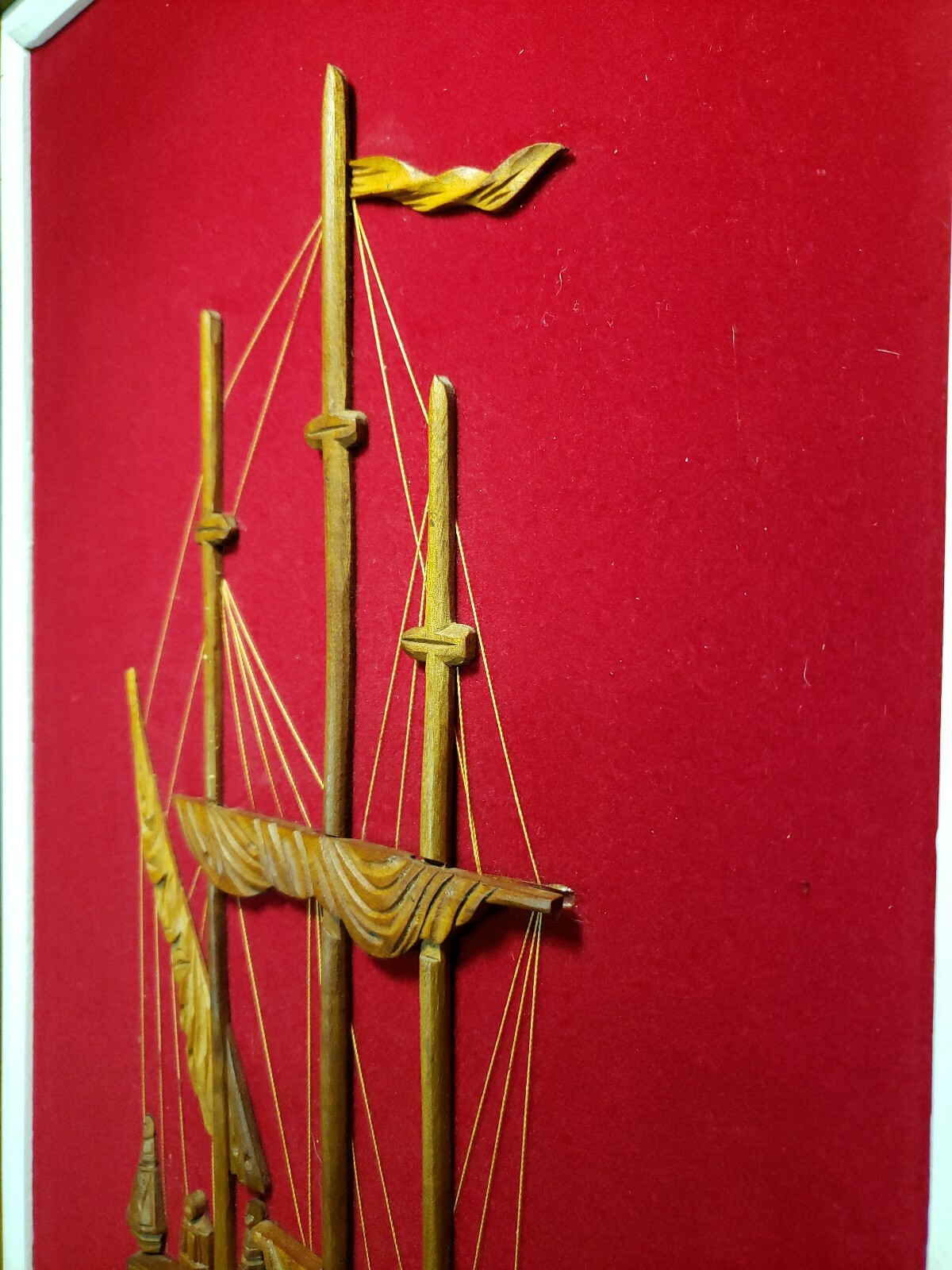 Vintage String Art Ship Wall Hanging Framed Carved Wood Han Palace Art Co Taiwan