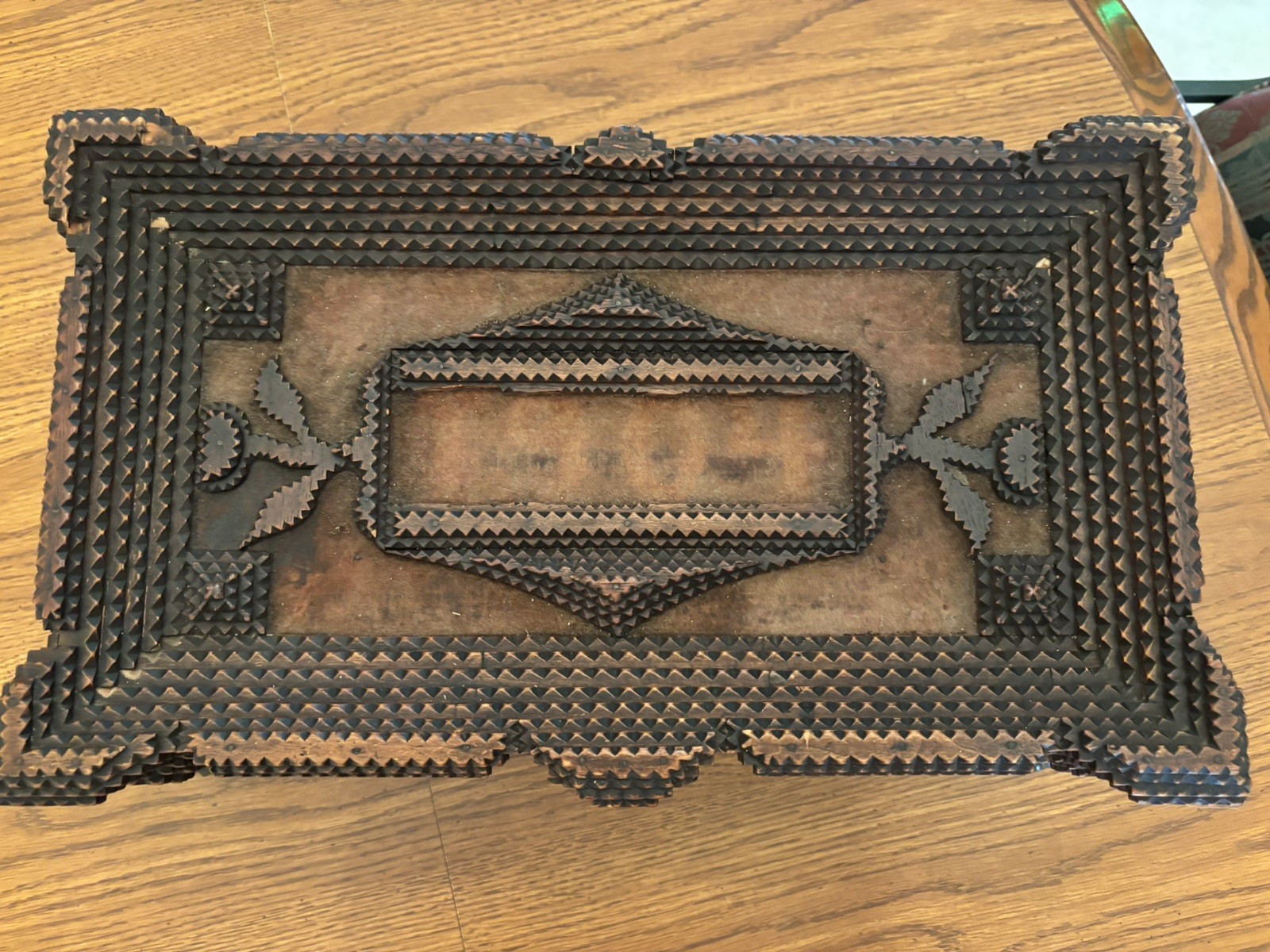 AMAZING TRAMP ART NOTCH CARVED SEWING CHEST C.-1904 HOBO PRIMITIVE ART APPRAISED