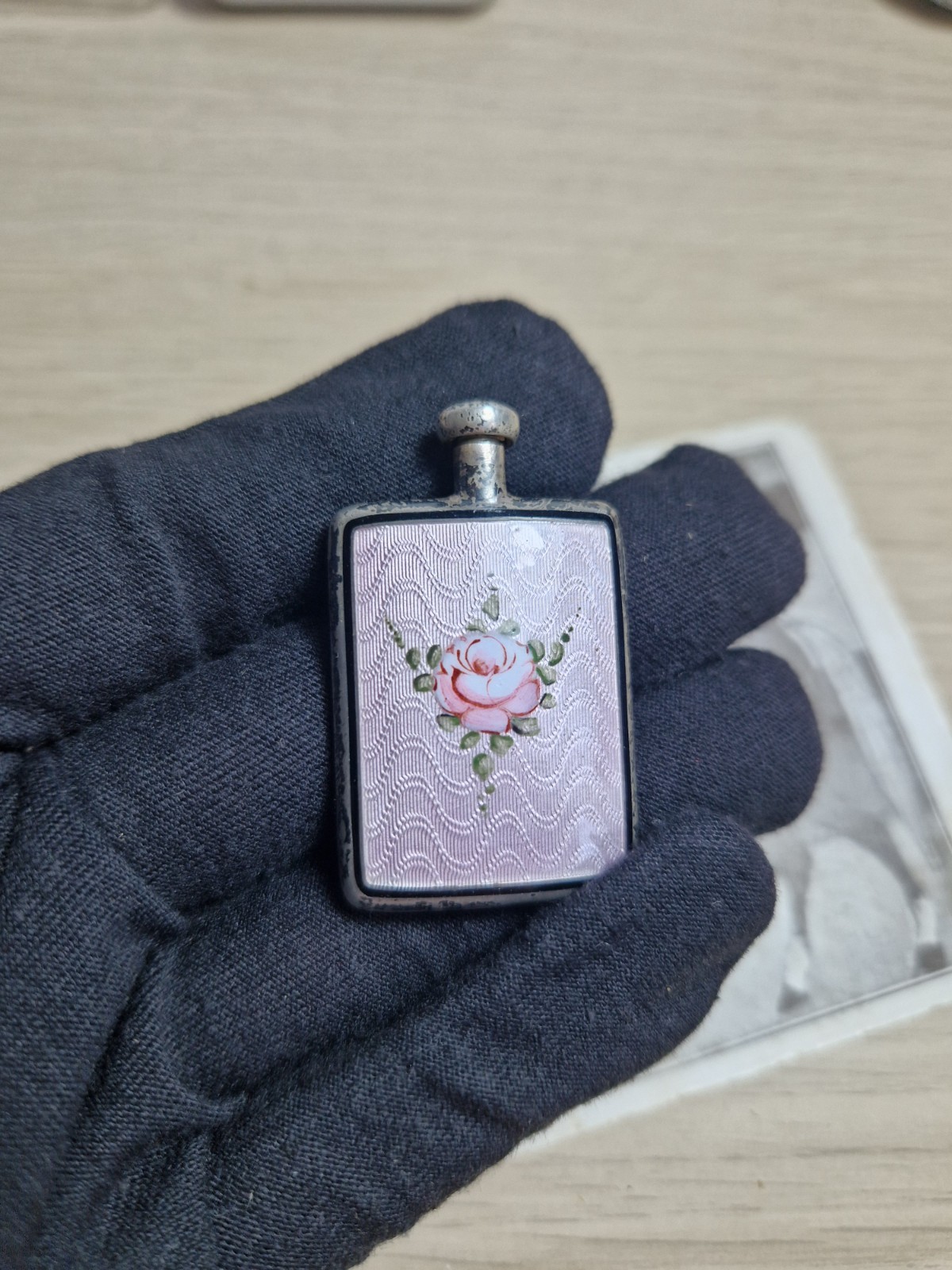 404F Victorian Sterling Silver Guilloche Enamel Perfume Flask Circa Late 1800s
