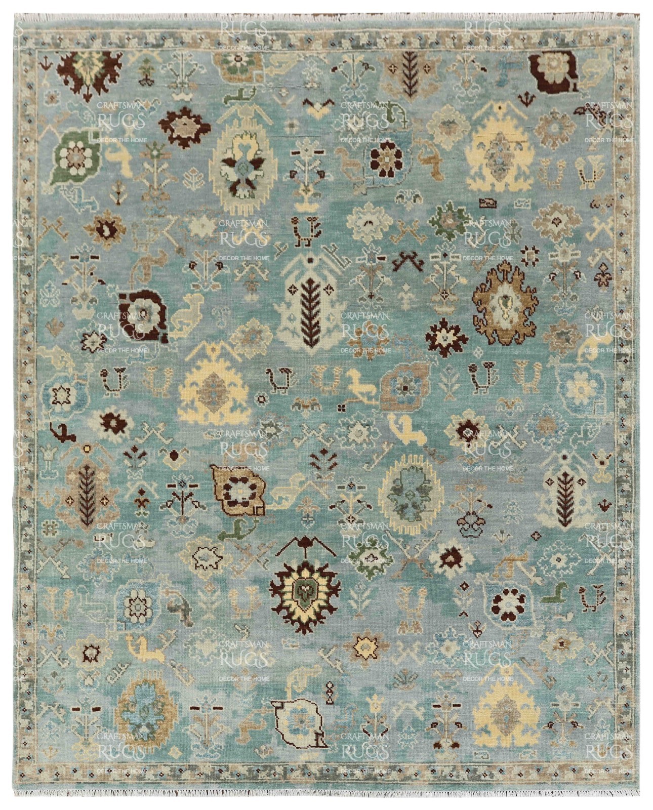 Handknotted Light Green & Ivory Floral Geometric Rug 8×10 ft