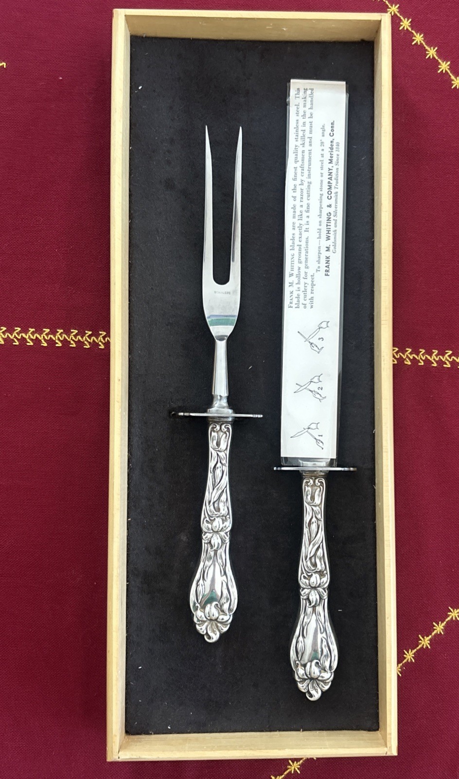 Frank M. Whiting Sterling Silver Carving Set Knife & Fork Lily 13.5″
