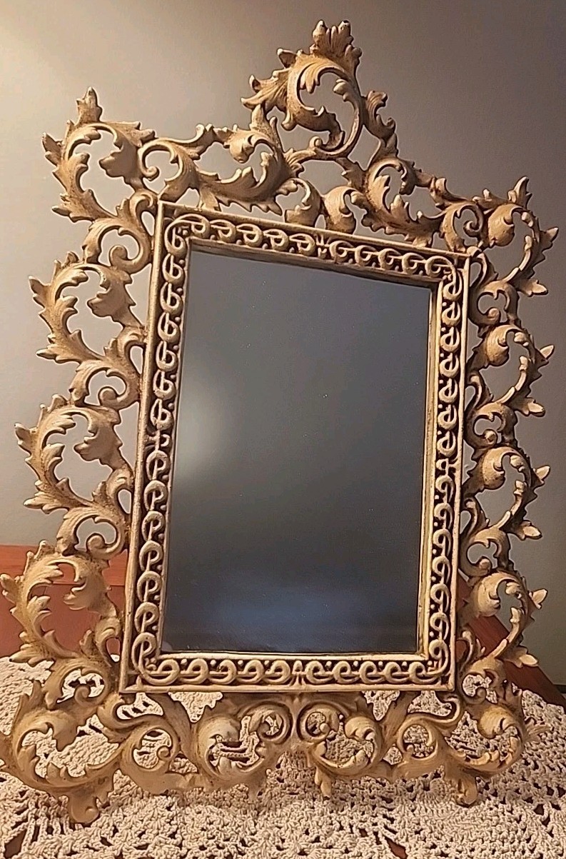 Antique Acanthus Leaf Metal Mirror or Picture Frame Easel Ivory Vanity Ornate