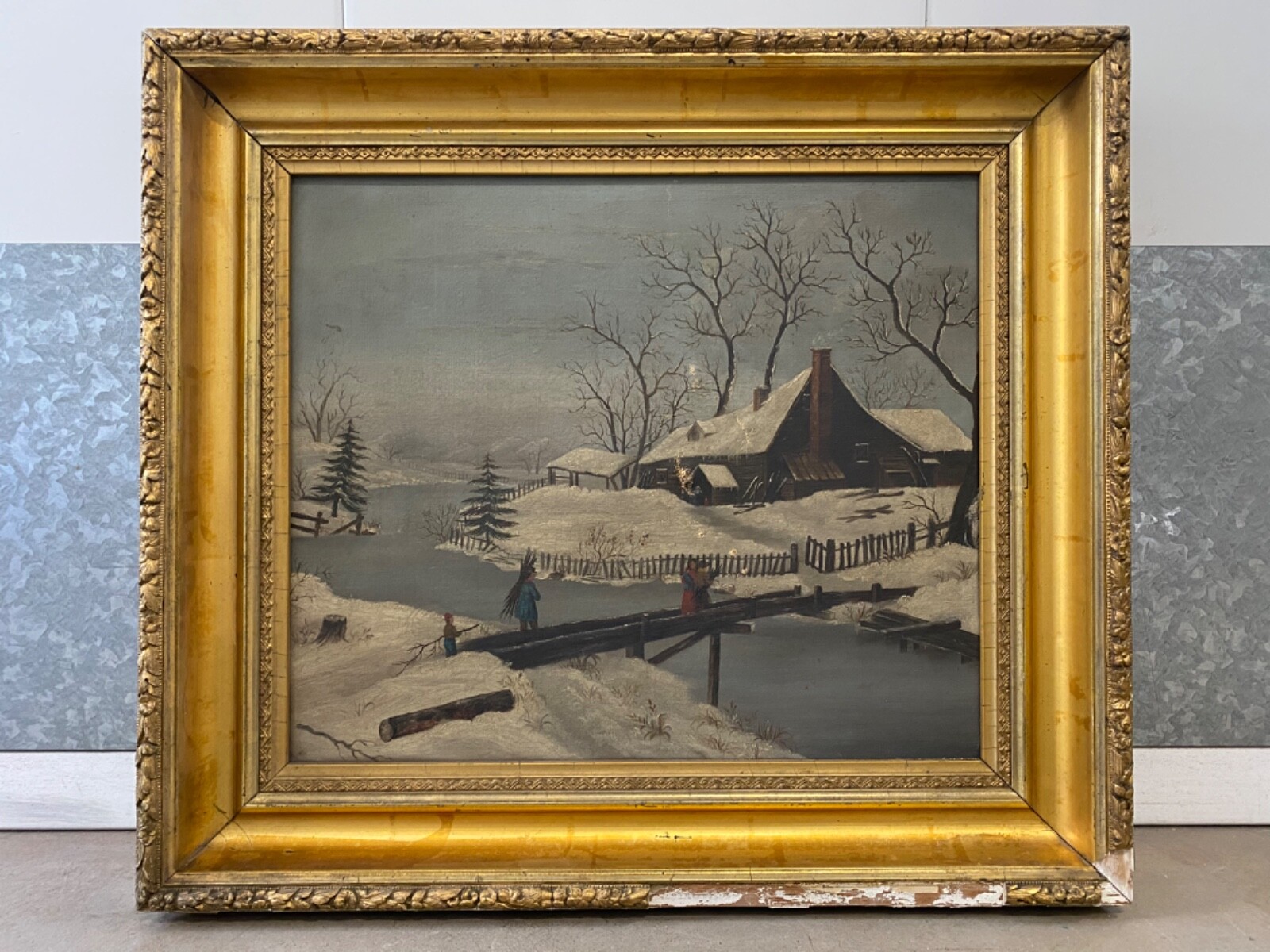 🔥 Antique Old 19th c. American Folk Art Winter Landscape Oil Painting, 1863!