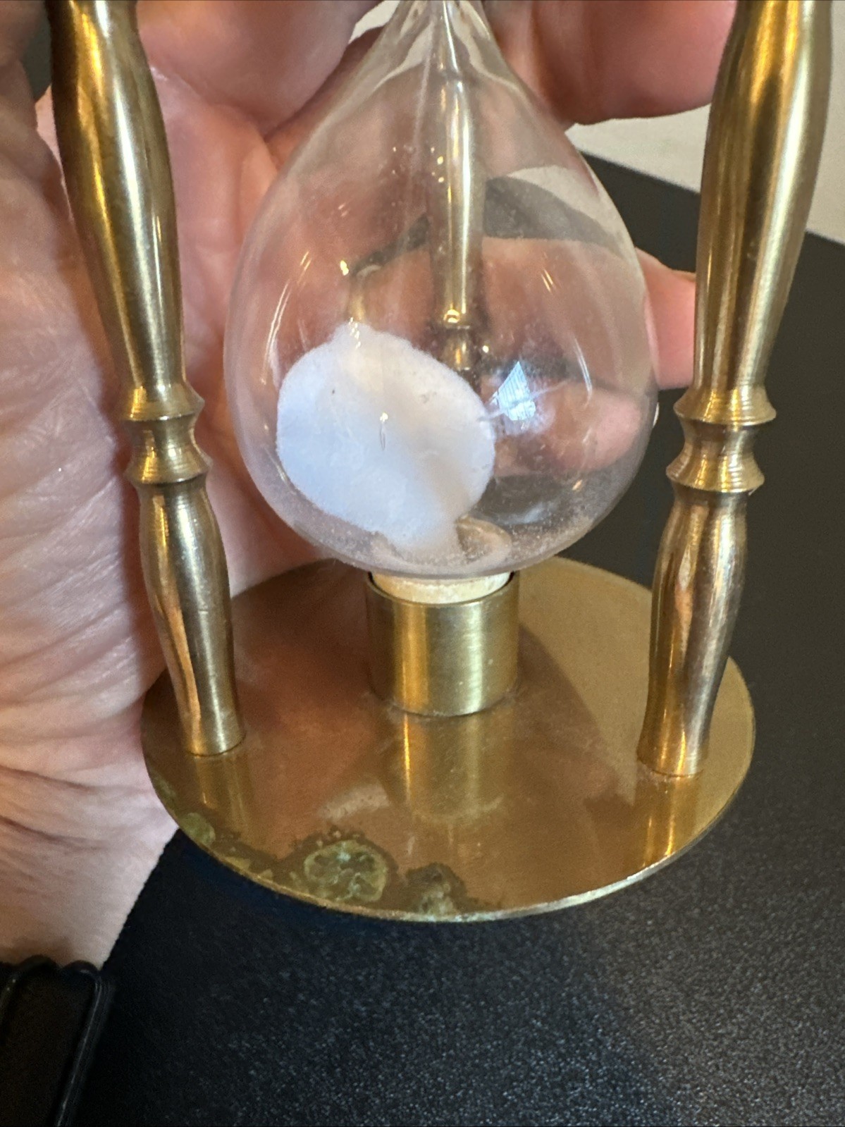 Vintage Gold Tone Brass Hourglass Timer Penco? Decorative Brass Glass White sand