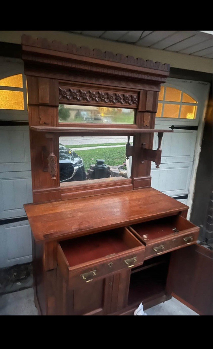 Eastlake Victorian Antique sideboard Wood Walnut Mirror Carvings Brass