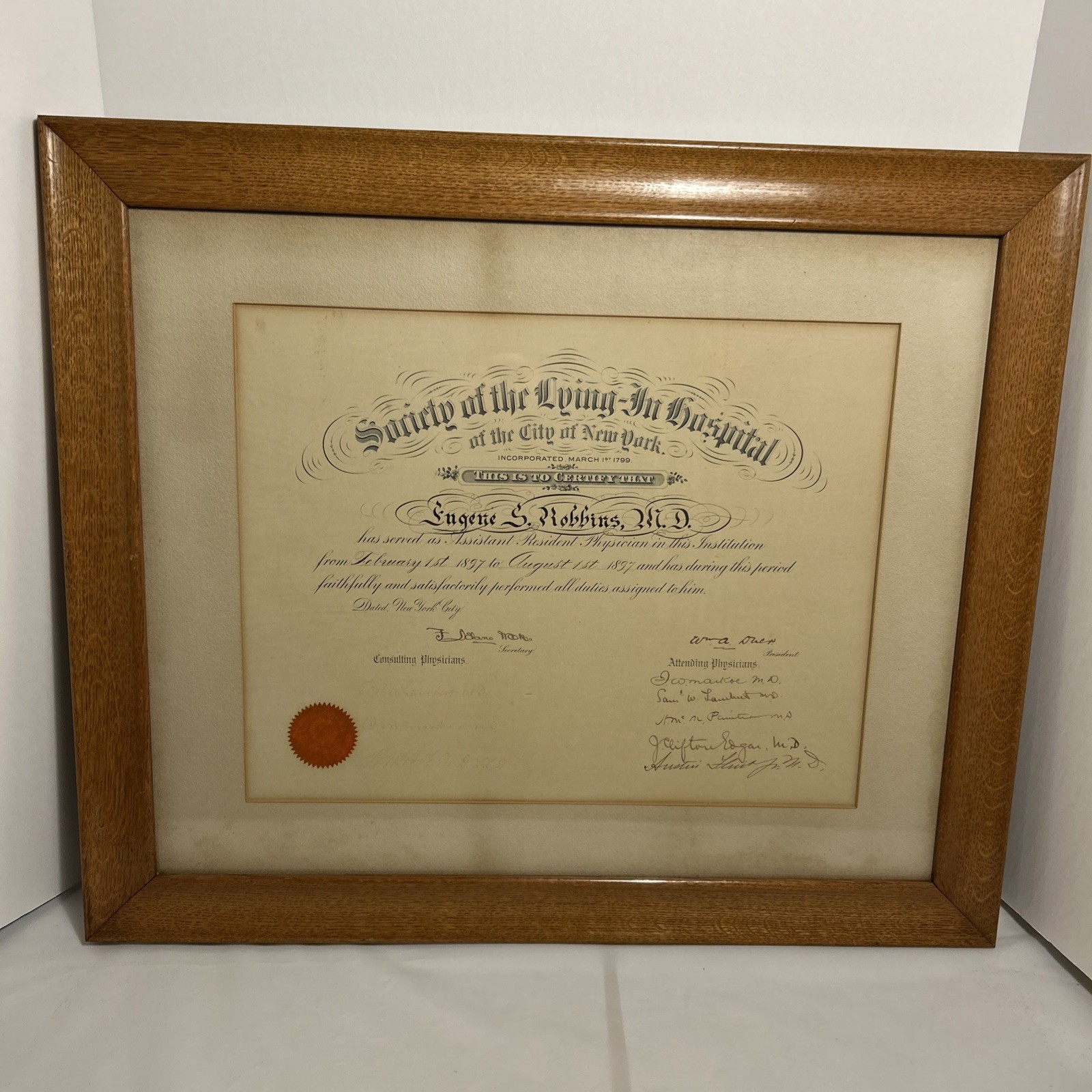 Antique Medical Diploma In Matted Oak Frame August 1897 City Of New York