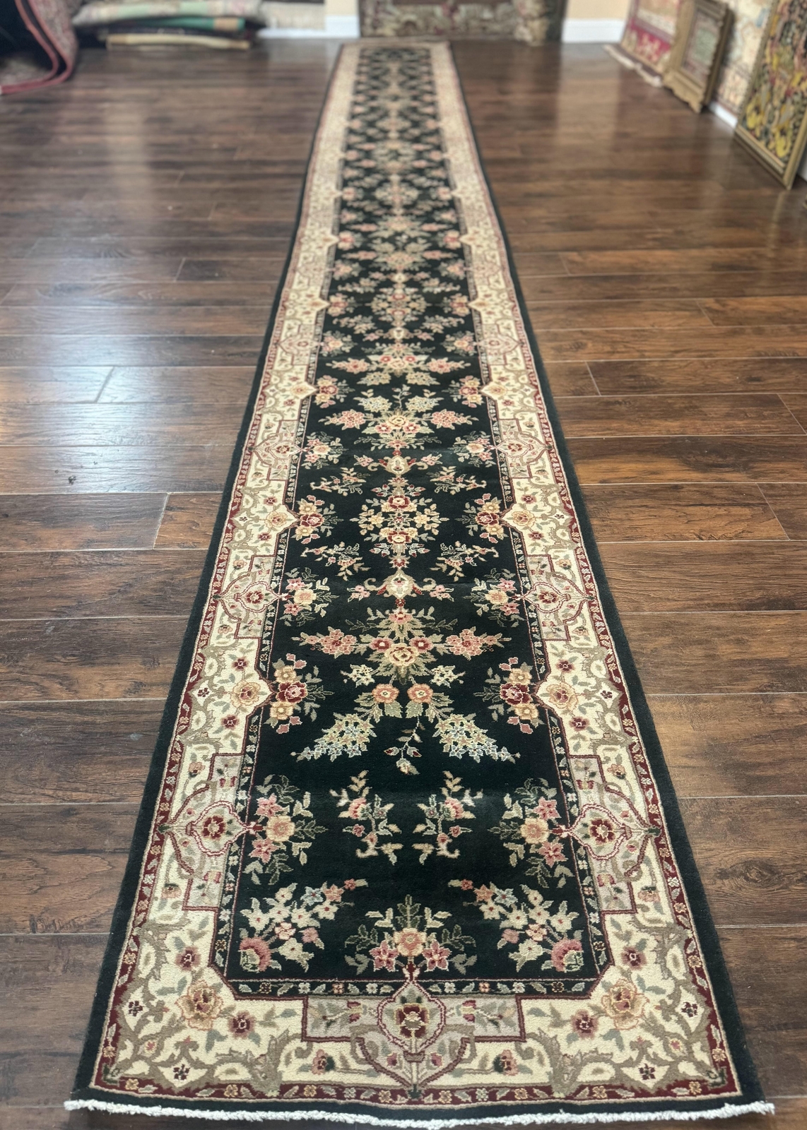 Long Pak Per’sian Runner Rug 2.7 x 21 Floral Allover Dark Green Beige Handmade