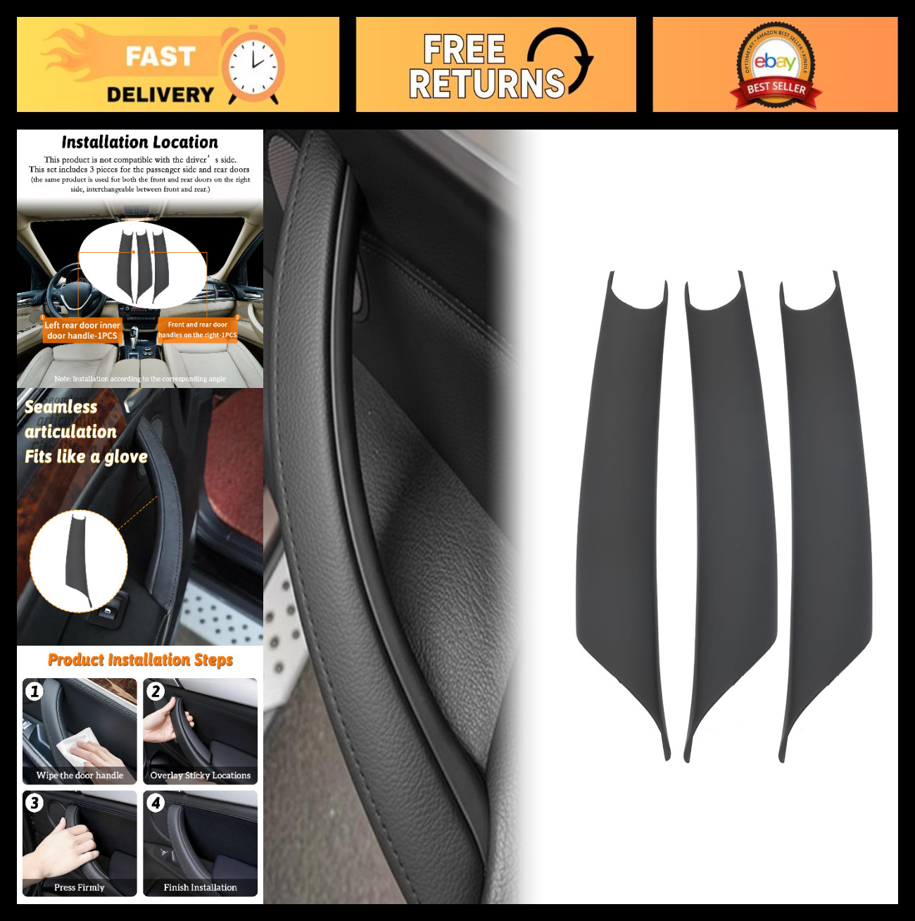 3PCS Black Interior Door Pull Handle Trim for BMW X5 E70 X6 E71, Easy Install
